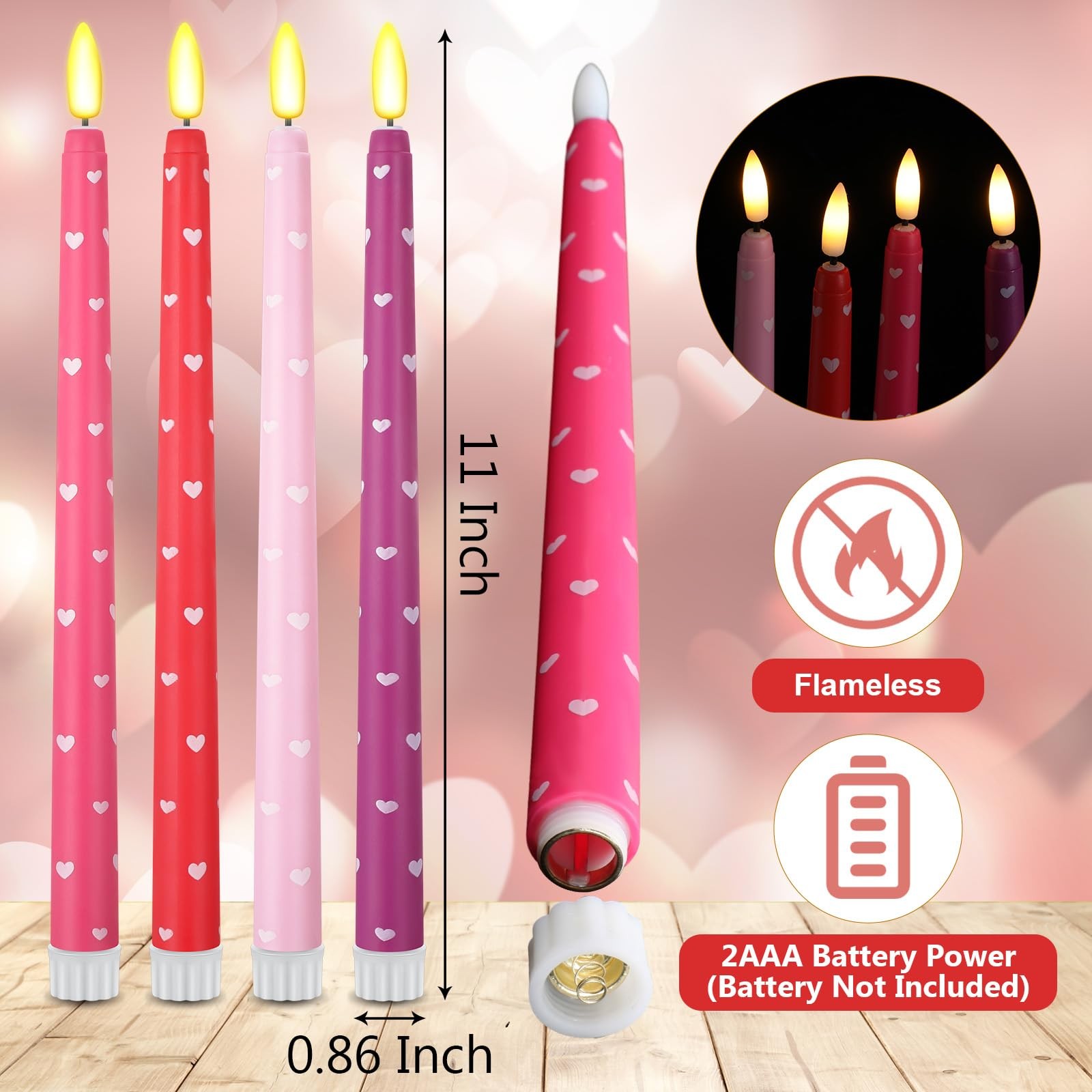 10.8 Inch Multi Color Flameless Taper Candles Heart Flickering LED 8 PCS