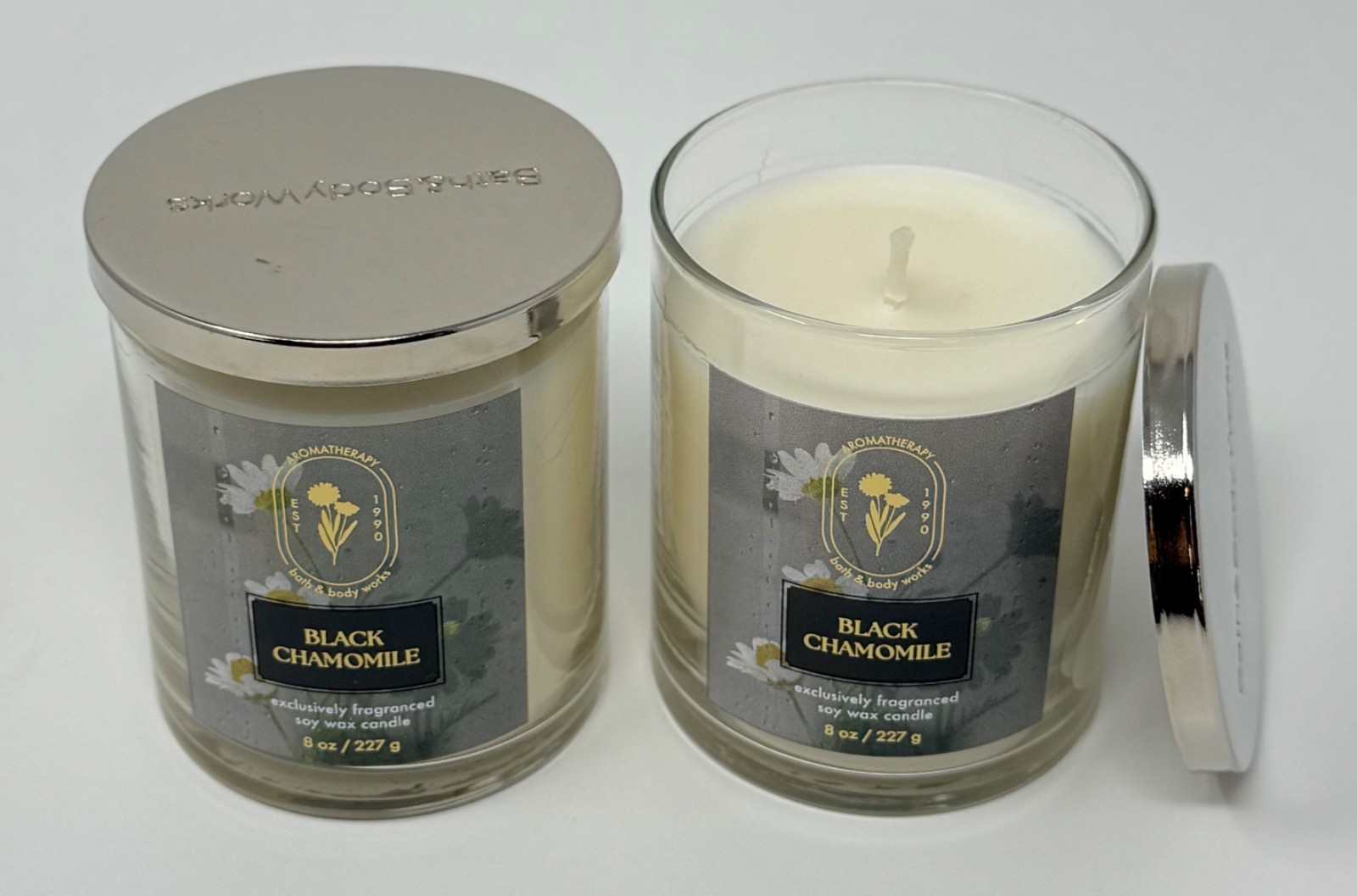 2 BATH & BODY WORKS BLACK CHAMOMILE SCENTED CANDLE SINGLE WICK 8OZ SOY WAX BLEND