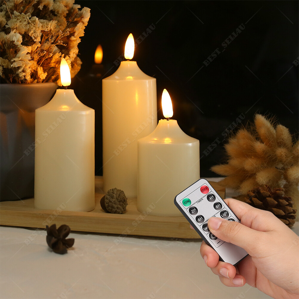 Set of 3 Flickering Flameless LED Candles with Timer Remote Battery Operated