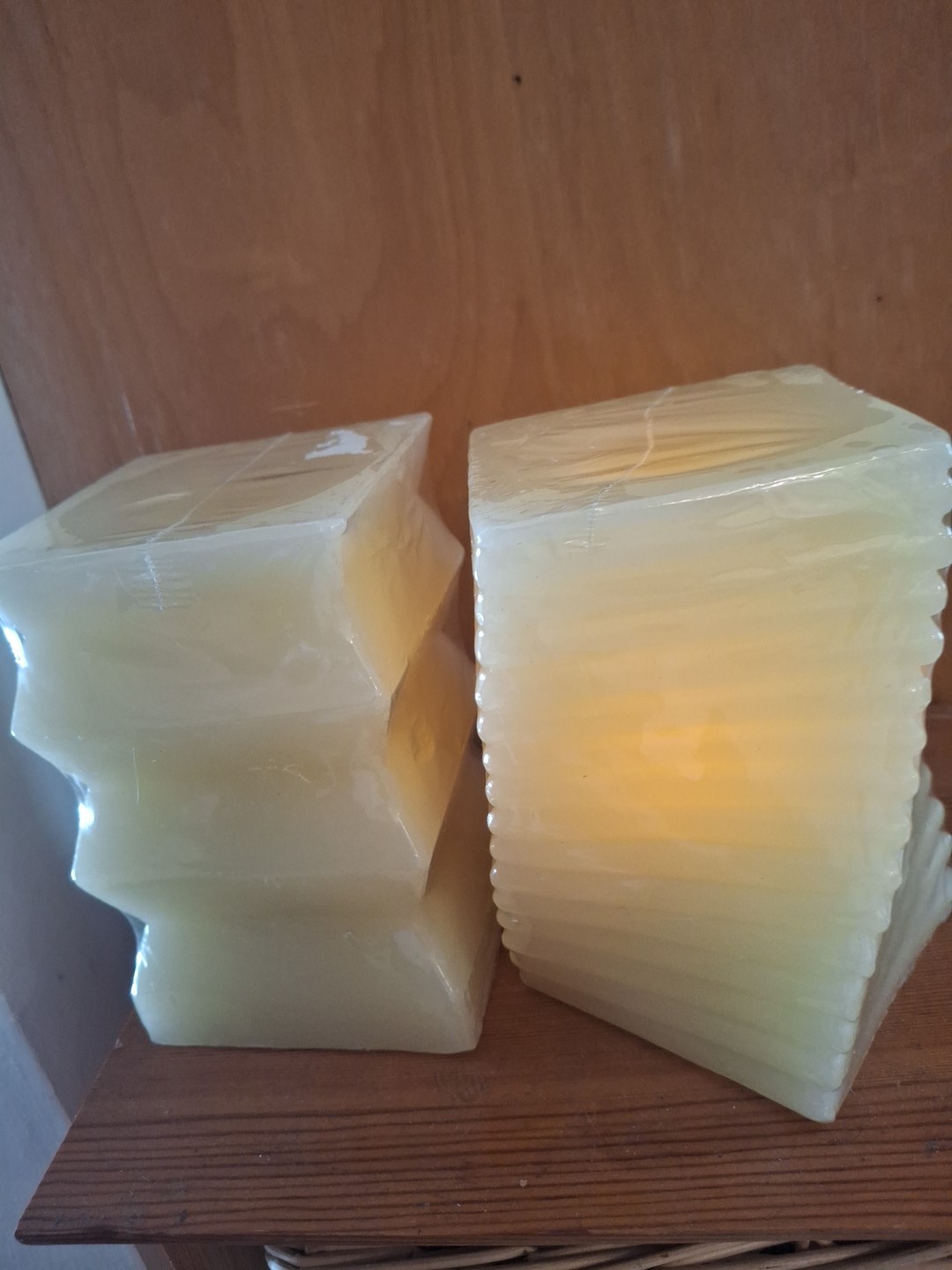 2 Flameless Candles New Yellow/Butter 6″x4″ Vanilla Scented Modern Abstract