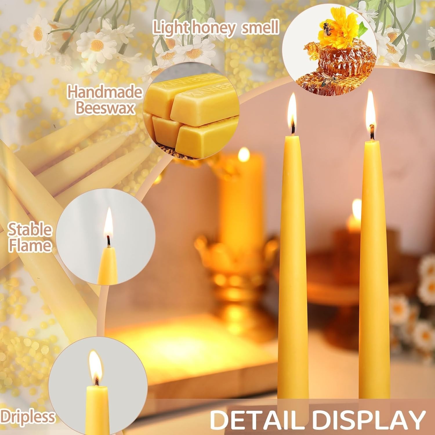 Handmade Beeswax Taper Candles – Elegant 6 Pack for Wedding, Prayer, or Home