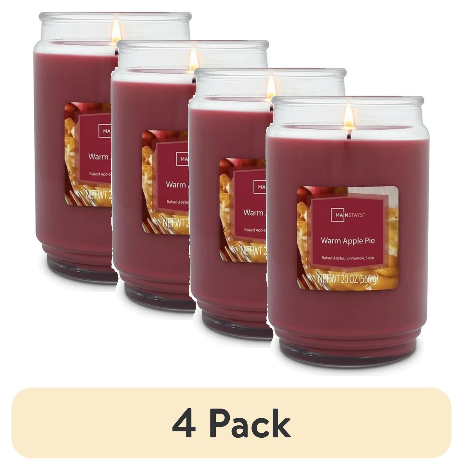 (4 pack) Mainstays Single-Wick Scented Glass Jar Candle, Warm Apple Pie, 20oz.