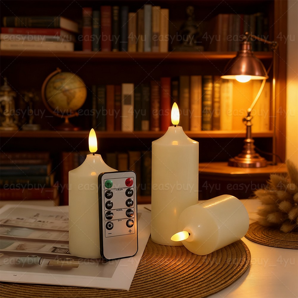 Set of 3 Flameless Flickering LED Pillar Candles with Timer Remote Home Decor