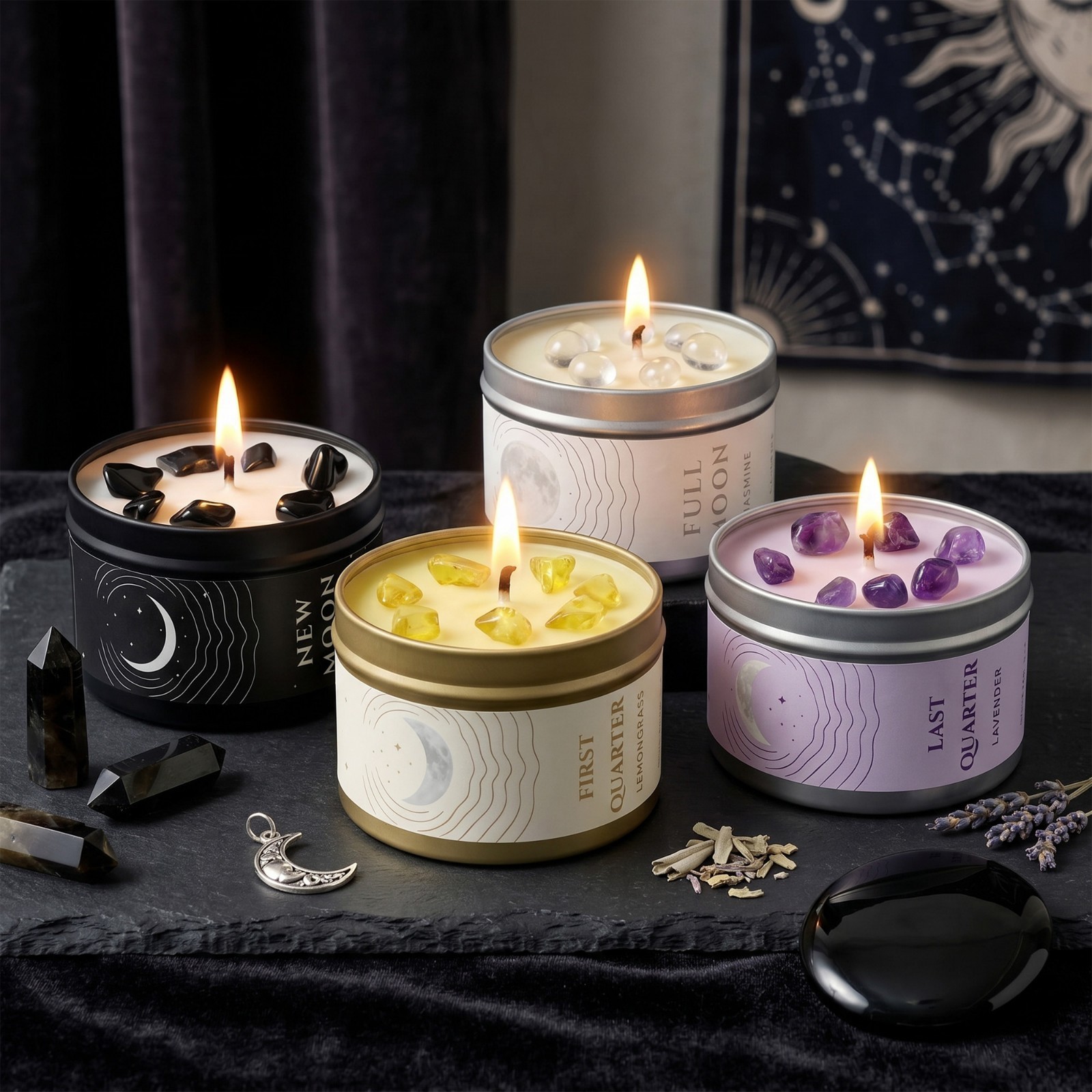 Moon Phase Candle Set 4 Crystal Soy Candles Witchy Celestial Gift Set