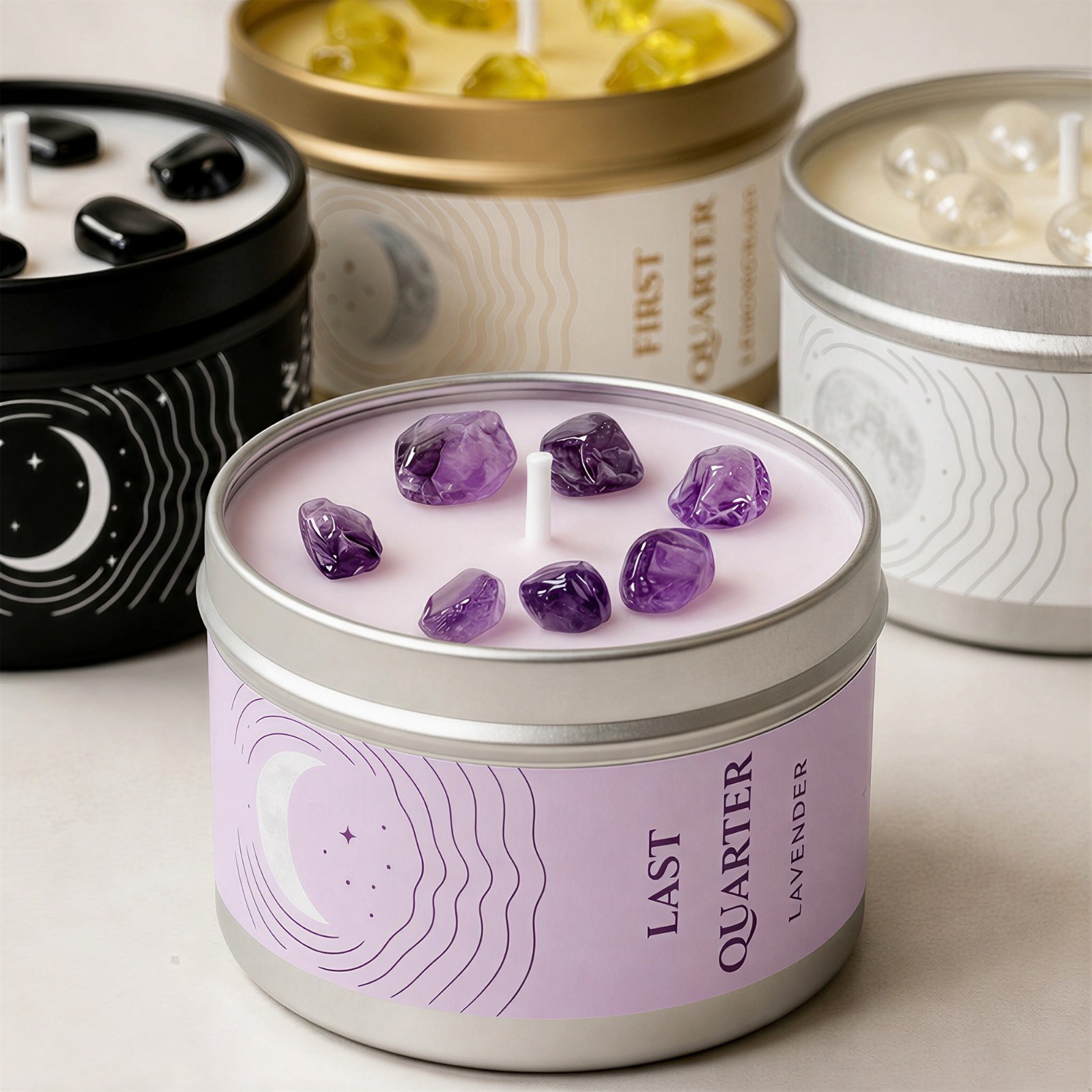 Moon Phase Candle Set 4 Crystal Soy Candles Witchy Celestial Gift Set