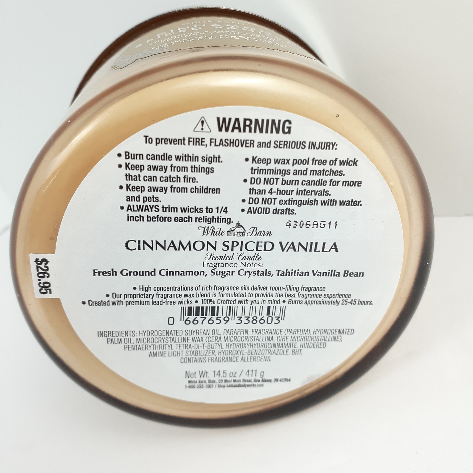 White Barn Cinnamon Spiced Vanilla Scented 3 Wick Candle Burns 25-45 Hrs 14.5oz