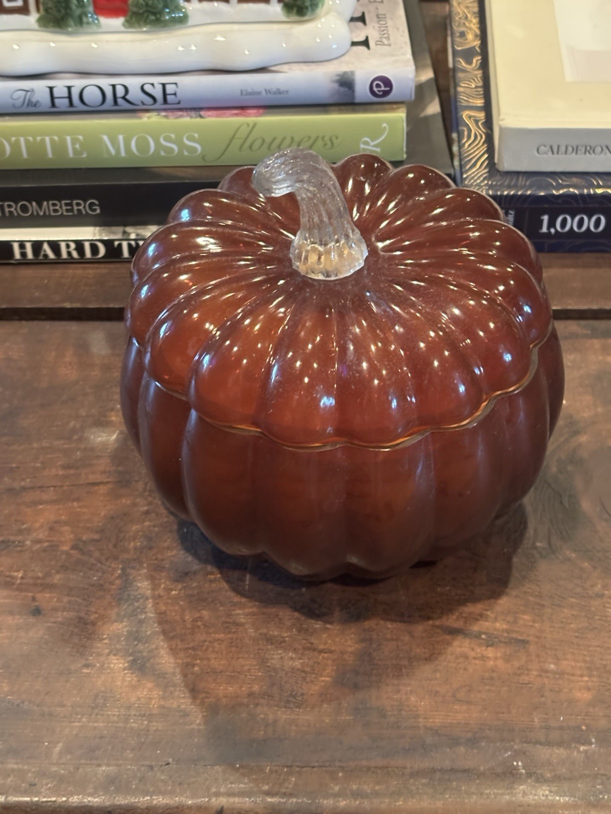 Pottery Barn Figural Amber Glass Lidded Pumpkin Harvest Spice Candle 35.2 oz NWT