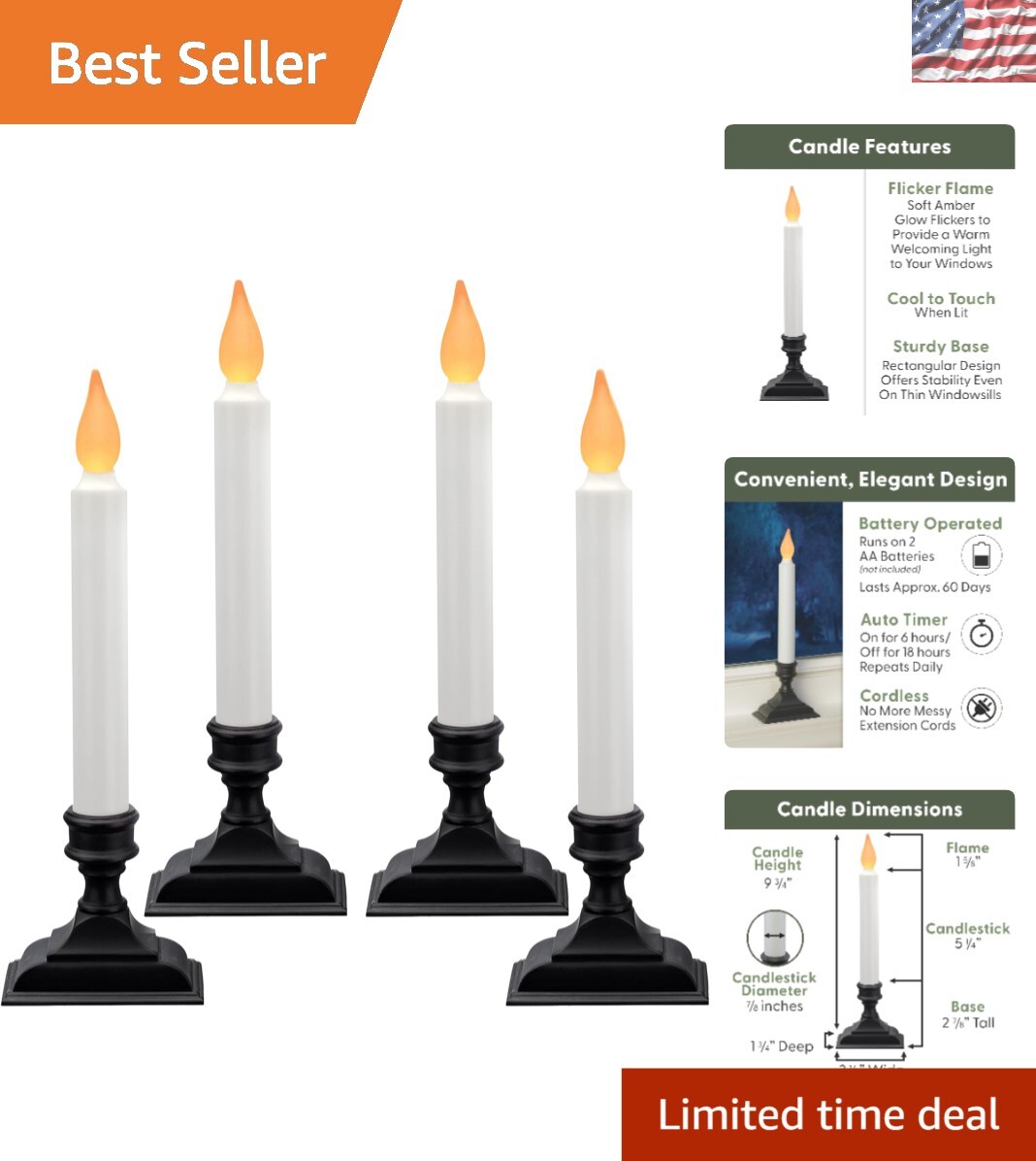 9.75 Inch Tall Flickering Window Candles, Cordless & Energy Efficient, Pack of 4