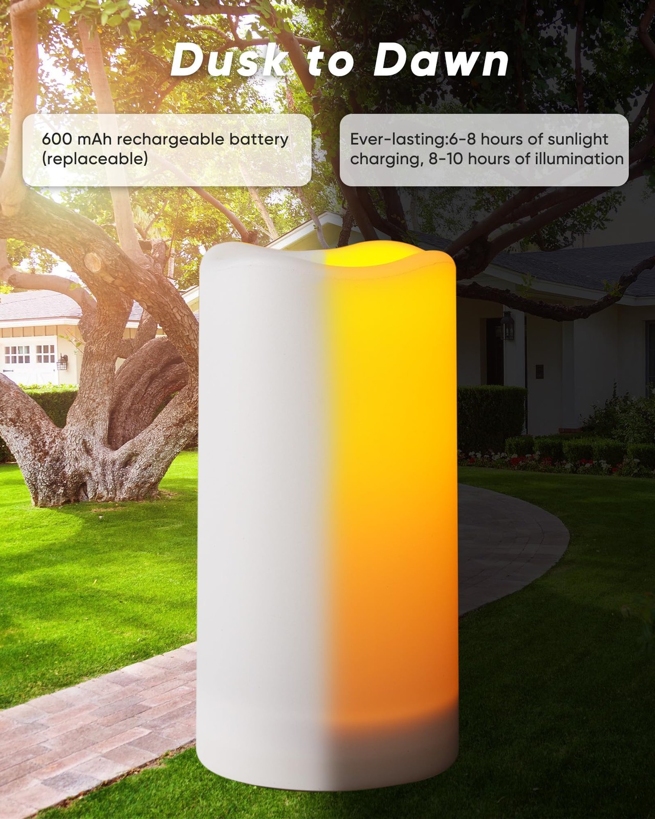 Solar Candles Outdoor Waterproof, Dusk to Dawn Sensor, 3″x4″5″ 6″