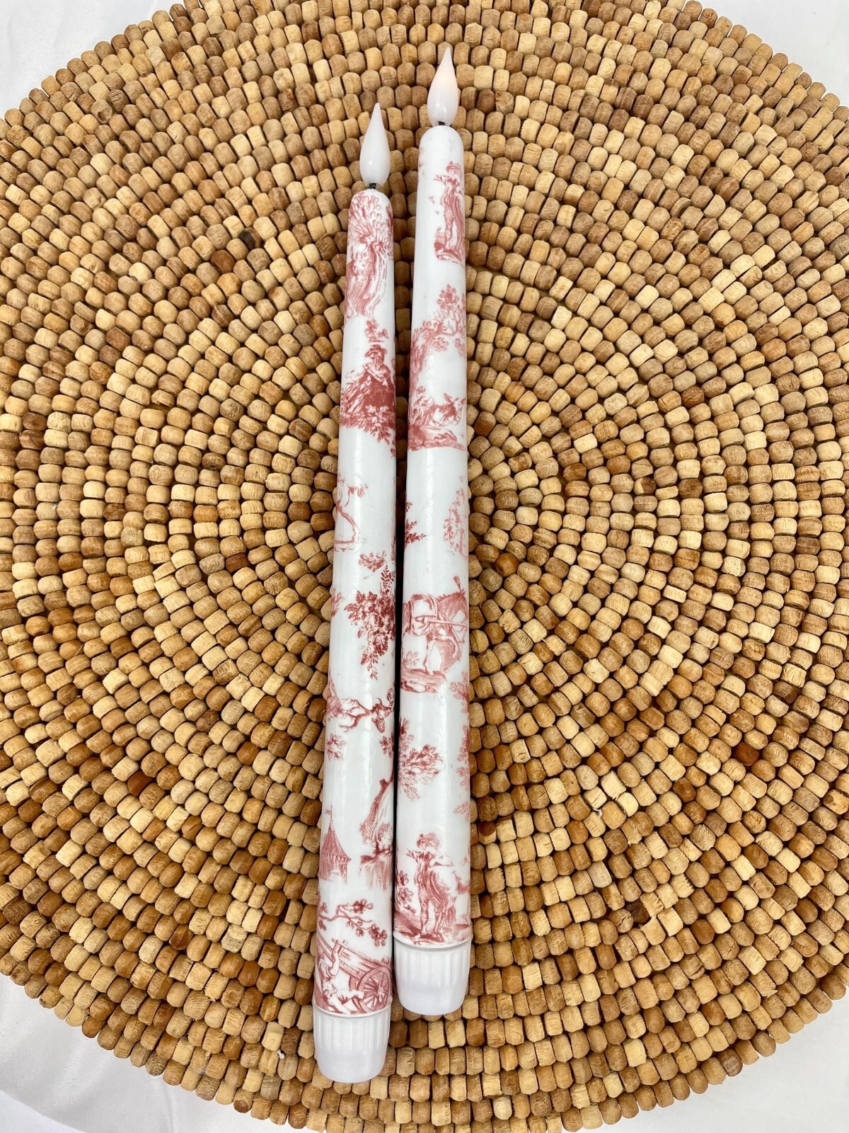 Traditional Reddish Brown Toile Taper Candles Set of Two Battery Operated