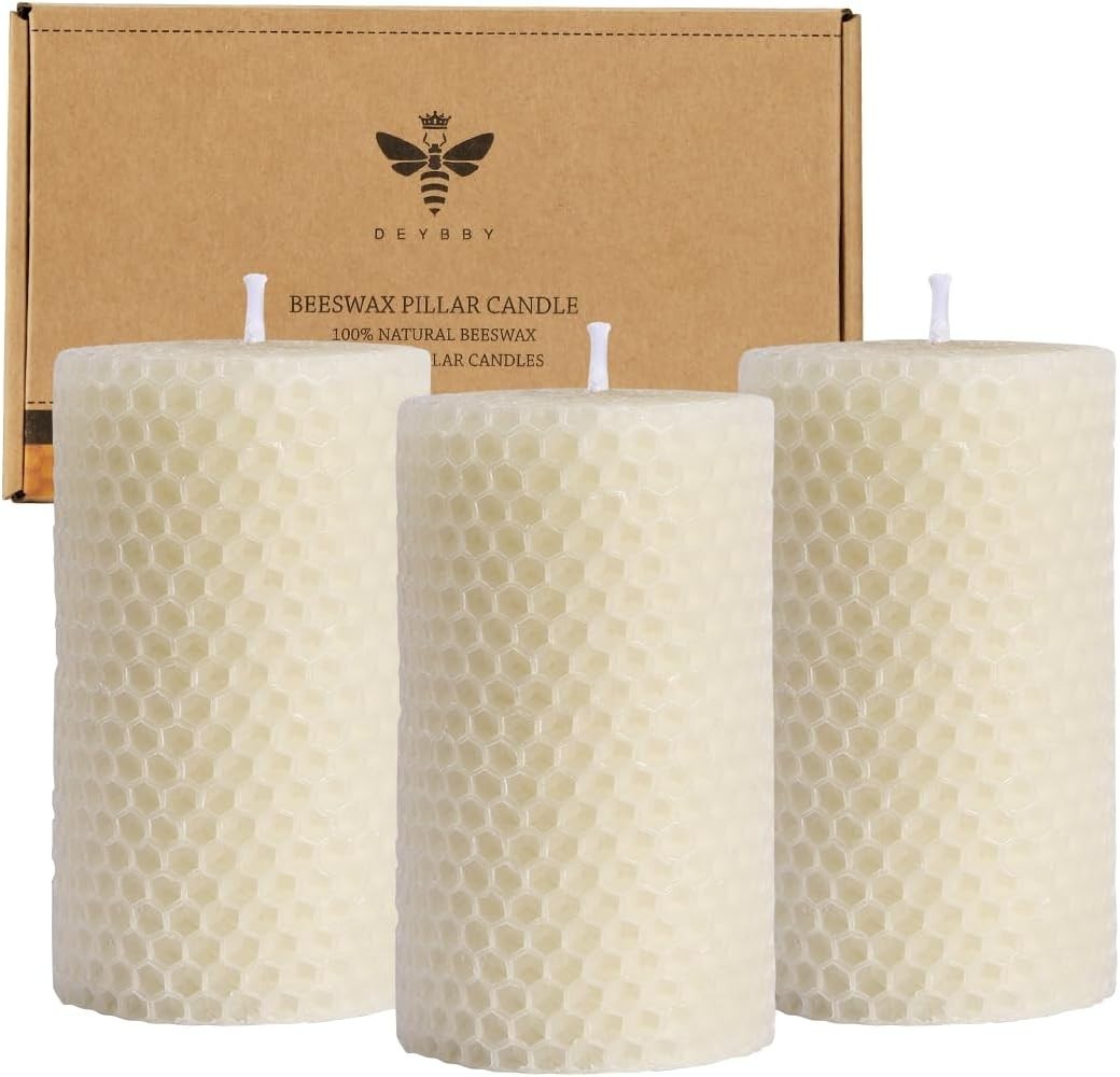 Classic Handmade Beeswax Pillar Candles – Unscented Elegance in 3 Count