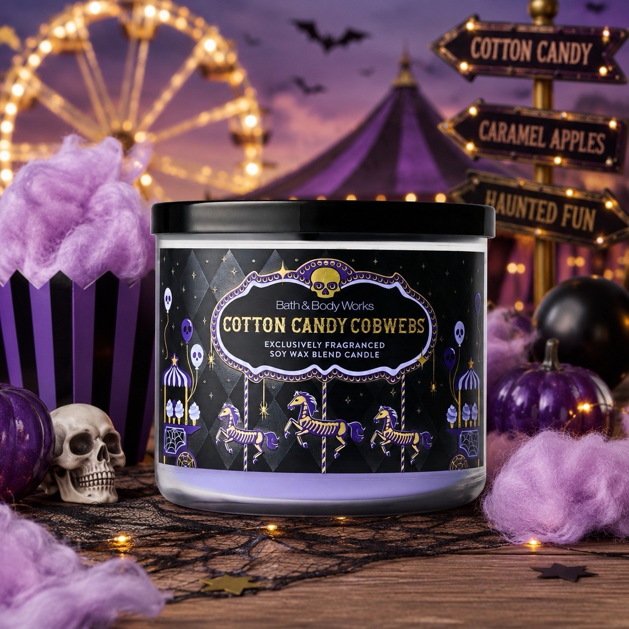 BATH & BODY WORKS 3 WICK 14.5 OZ COTTON CANDY COBWEBs 2026