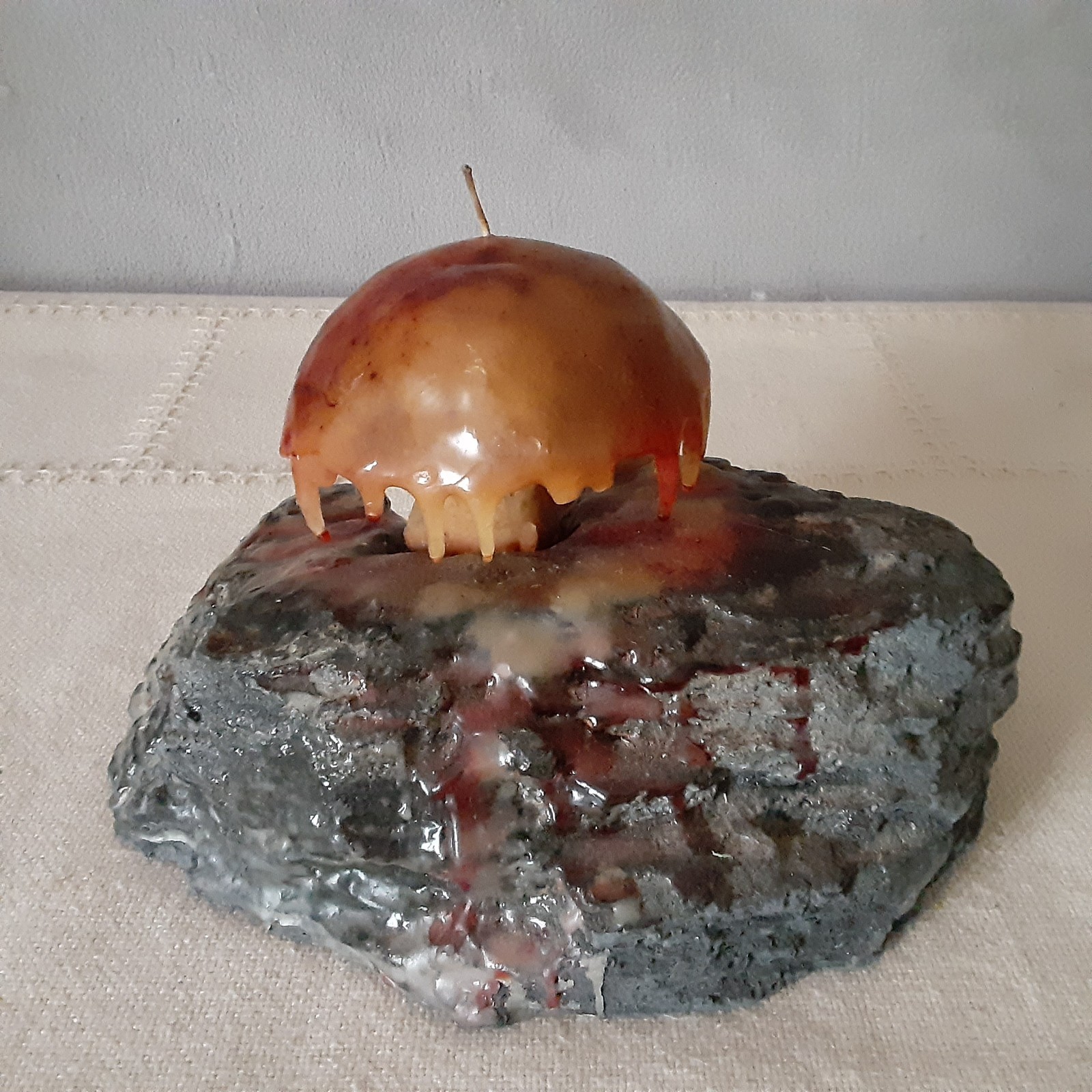 Mushroom Candle Dripping On a Black Rock Decor – Wick Never Lit 8″ Wide Heavy