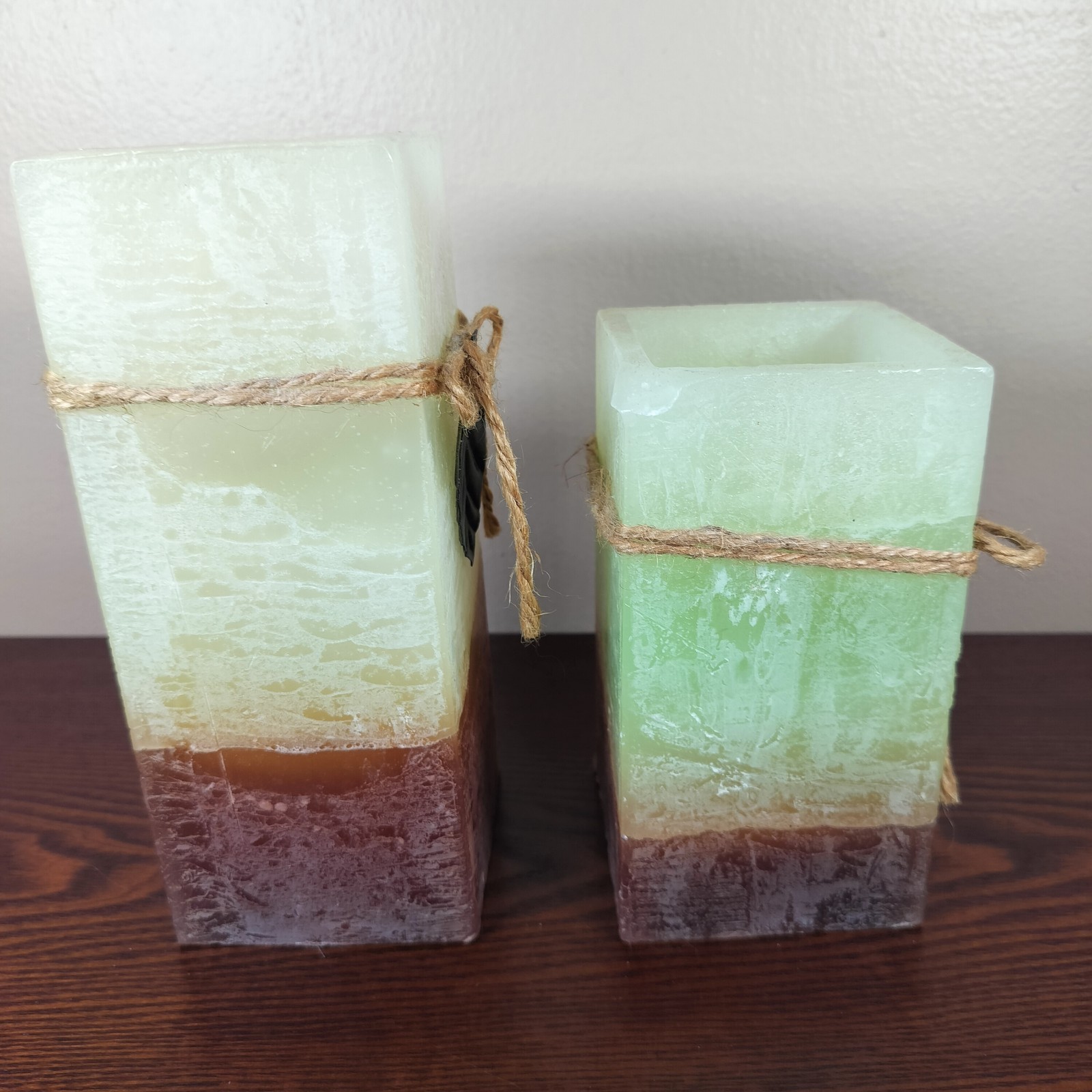 Flameless Candle Set of 2 Leaf Accent 7.5in & 6in Brown Green Cream Battery