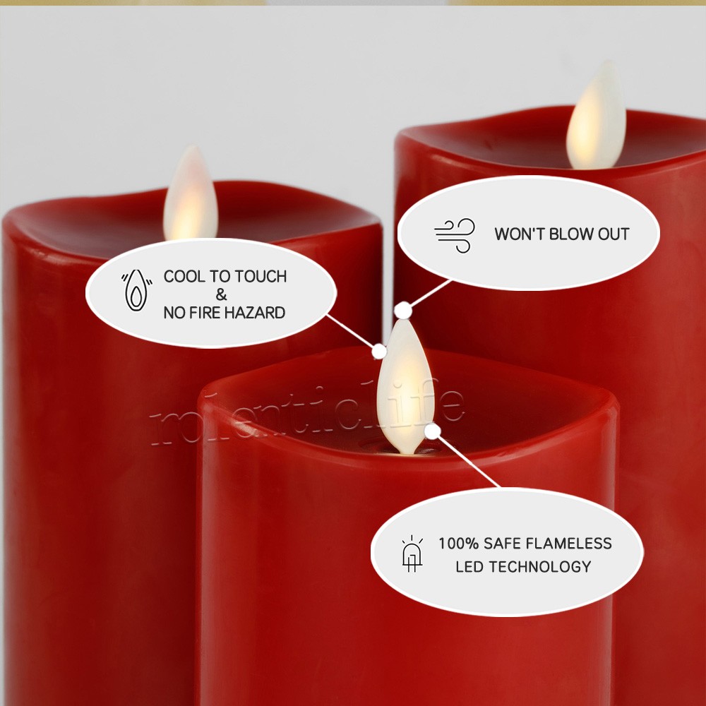 Luminara Real Wax Flameless Pillar Candles Red Moving Wick Timer Remote LED 3″