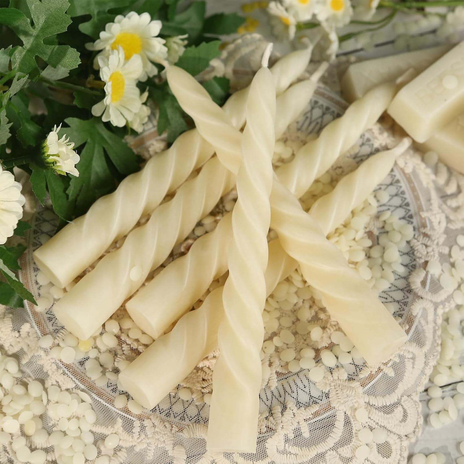 8 Pcs Beeswax 7 inch Taper Candles Spiral Bees Wax Tapered Candle White