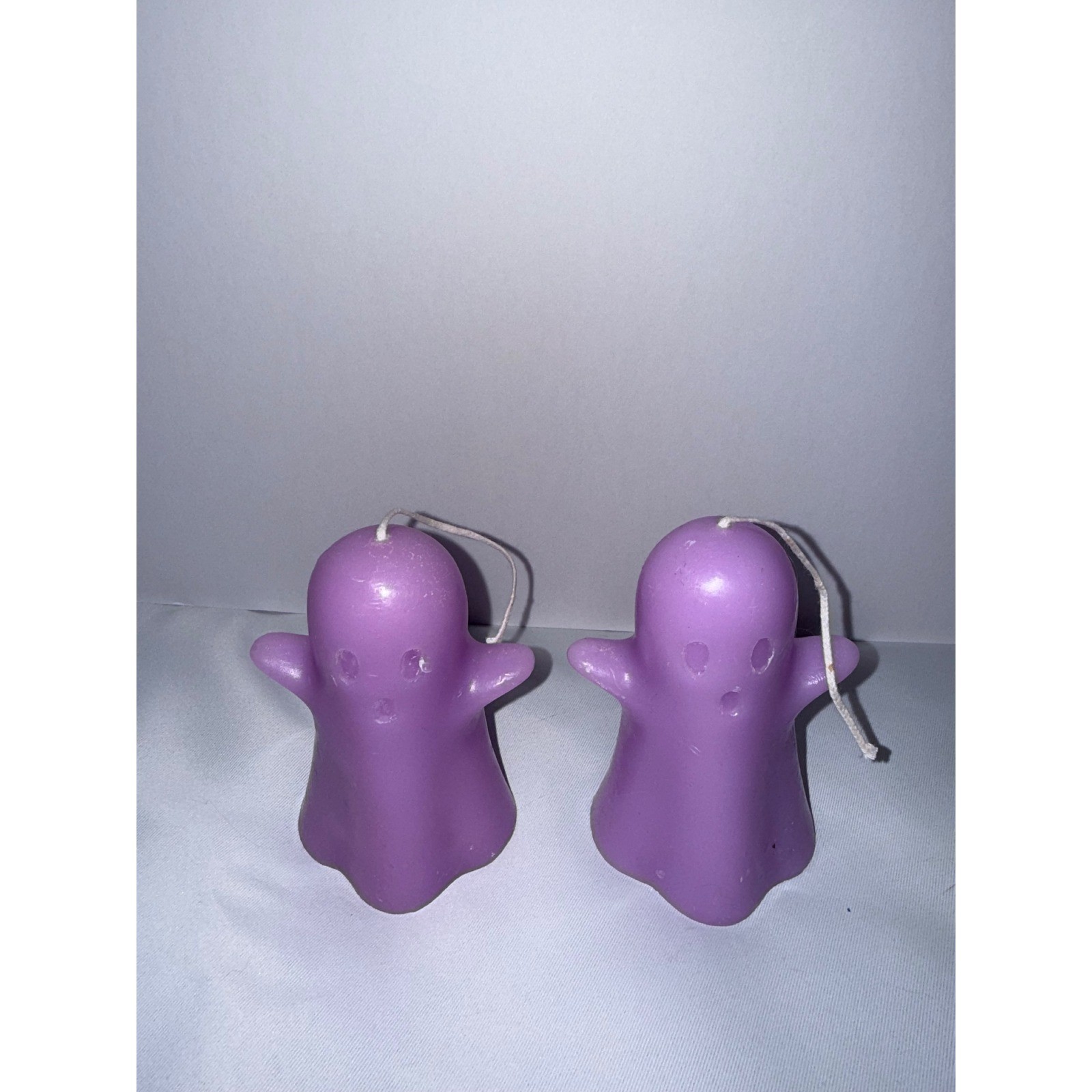 Purple Ghost Candles Set of 2 Halloween Spooky Decor Unscented Wax Pillars 3in