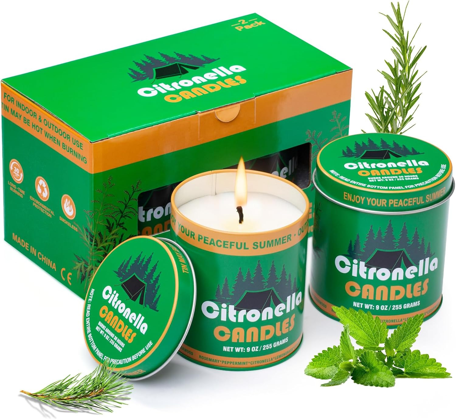 Citronella Scented Candles for Patio Outdoor, 2 Pack 9Oz Soy Wax Candles with Na