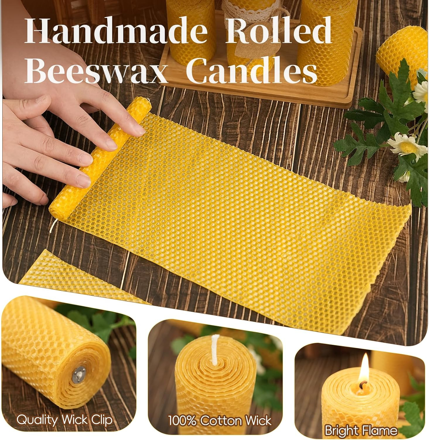 Beeswax Pillar Candles,Hand Rolled Honeycomb Design, 3 Sizes | Pure Natural