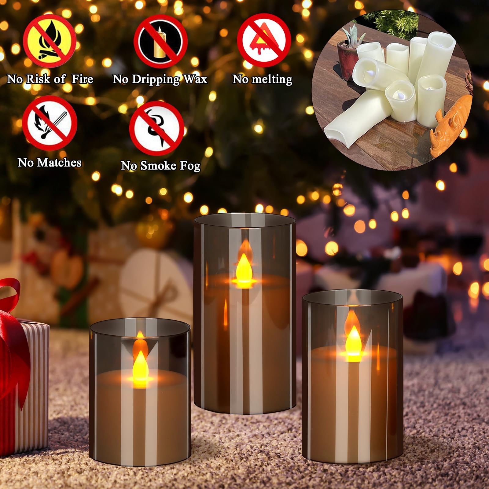 wemarry Flameless Candles 4 5 6 Set of 3 Acrylic Glass Pillars 3 Diameter Bat…