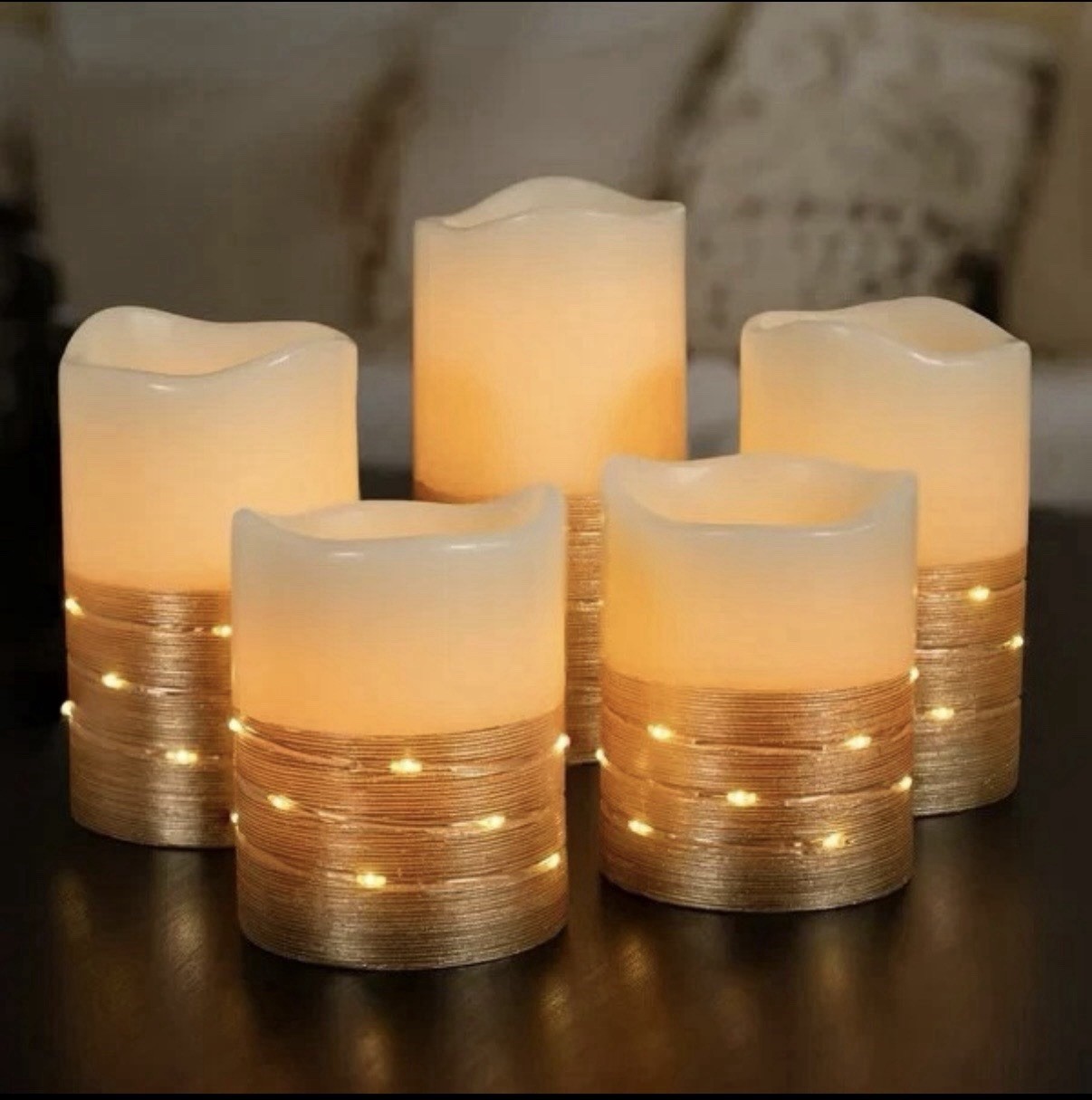 Fusion Flameless LED Candles with Gold Fairy Lights 5Pk Real Wax Battery Power