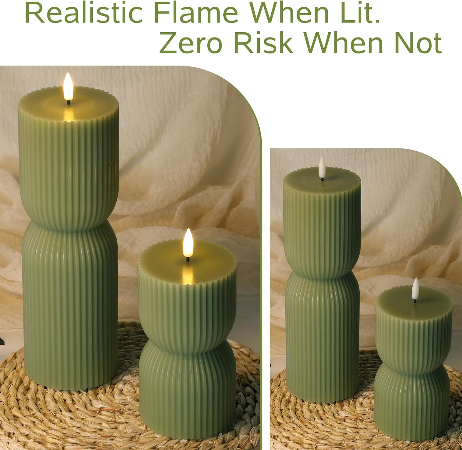 Olive Green Ribbed Flameless Pillar Candles with Remote Set of 2 | 2 AA Battery