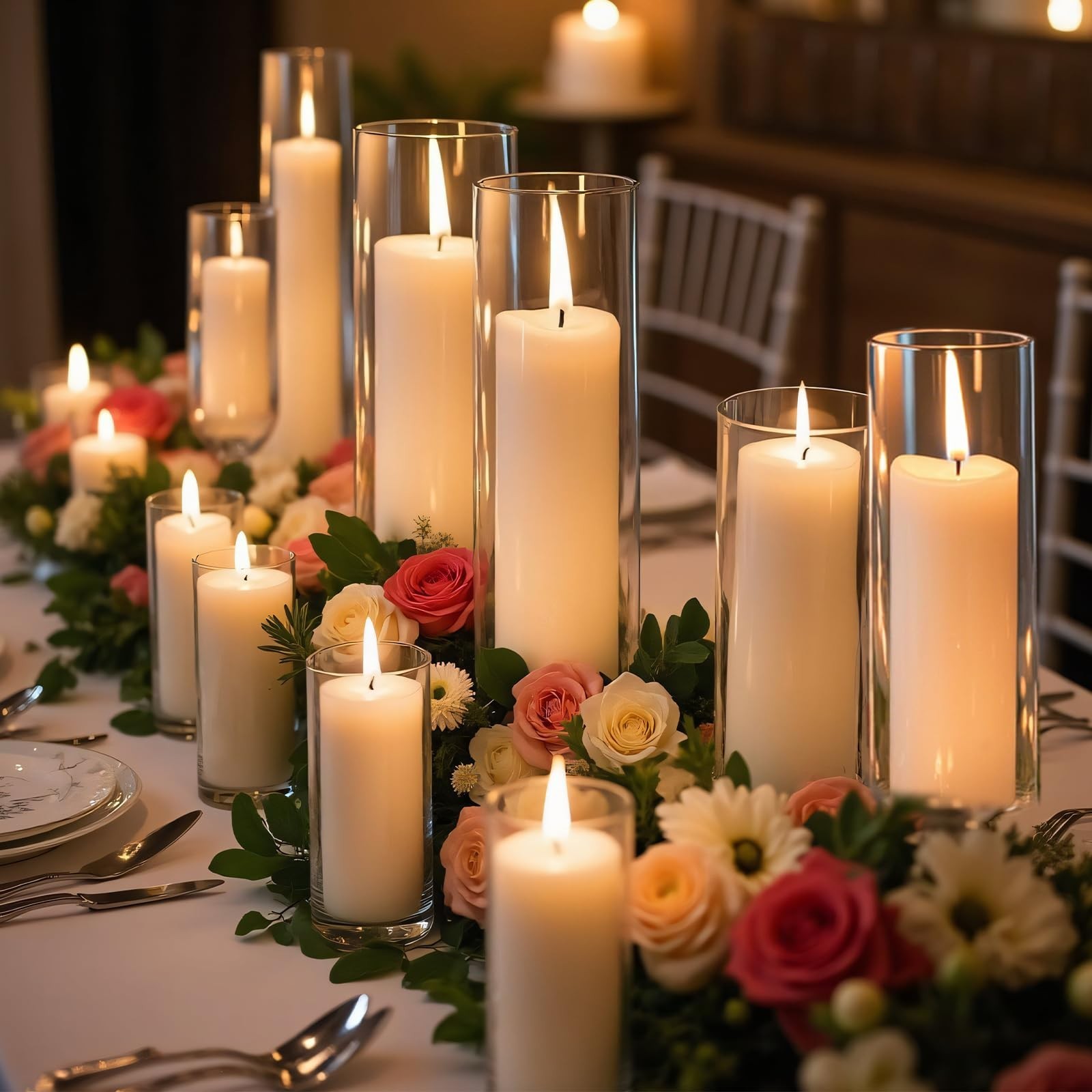 24 PCS Ivory White Pillar Candles Glass Candle Holders Cylinder Vases Homjoy