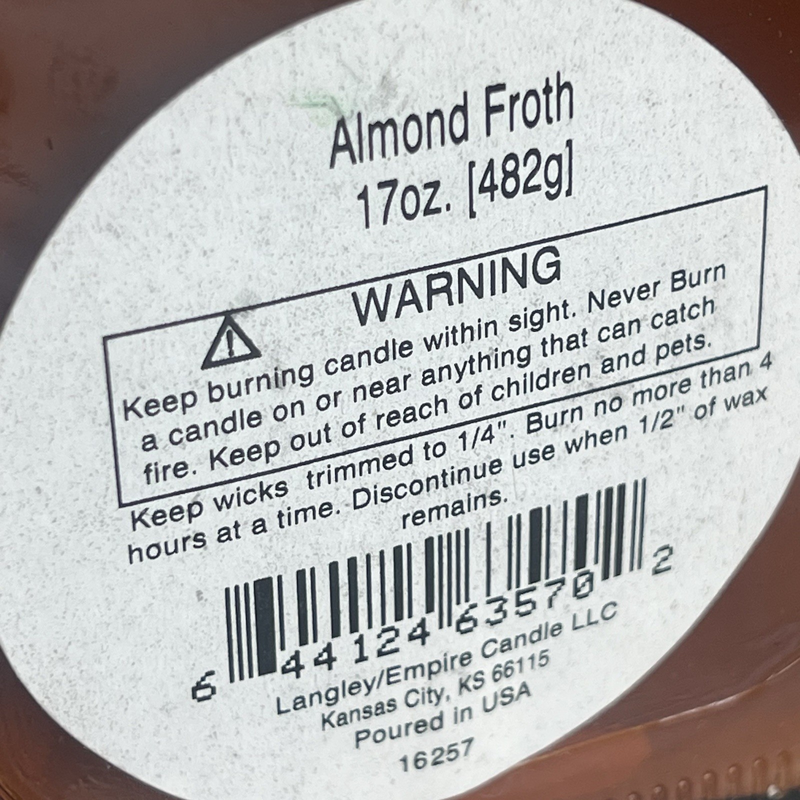 Langley Empire Candle Almond Froth 17oz Amber Fluted Glass Jar Single Wick USA