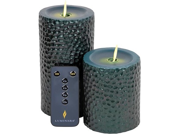 LUMINARA SET OF 2 FLAMELESS 4″ & 6″ METAL HAMMERED PILLAR SET – RAIN FOREST
