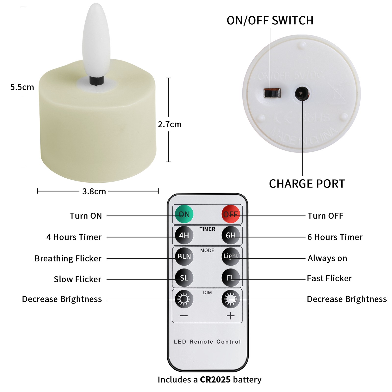 6pcs Flameless Rechargeable LED Tea Lights Flickering Candles with Timer Remote