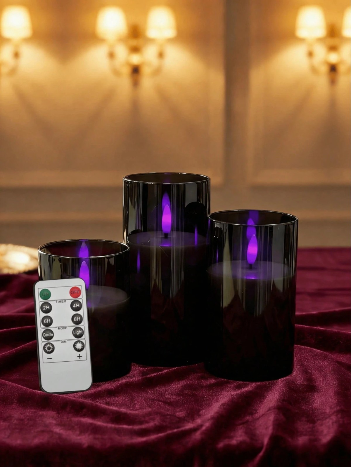 3PCS Black Flameless LED Candles Purple Light Remote Timer Halloween