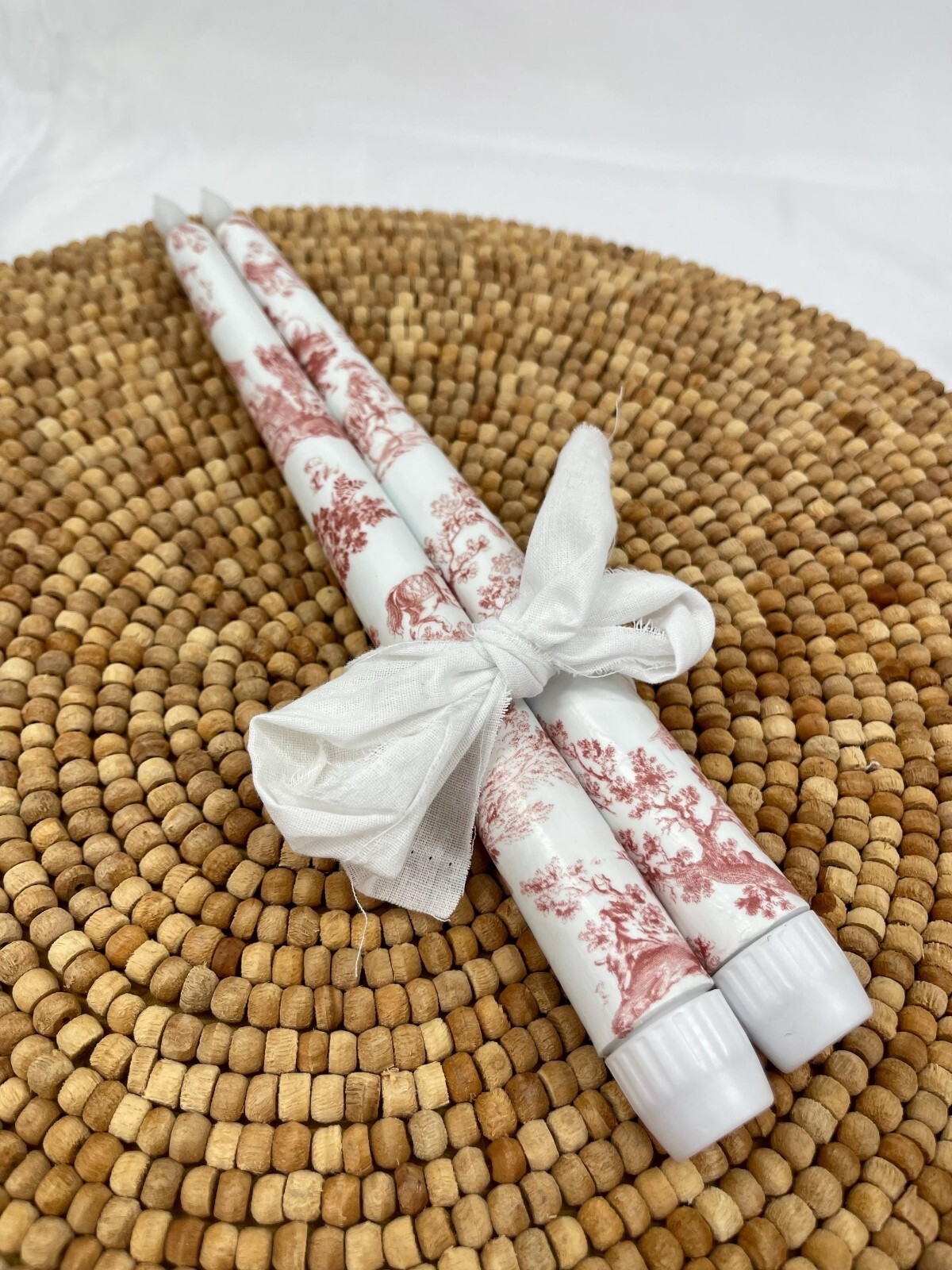Traditional Reddish Brown Toile Taper Candles Set of Two Battery Operated