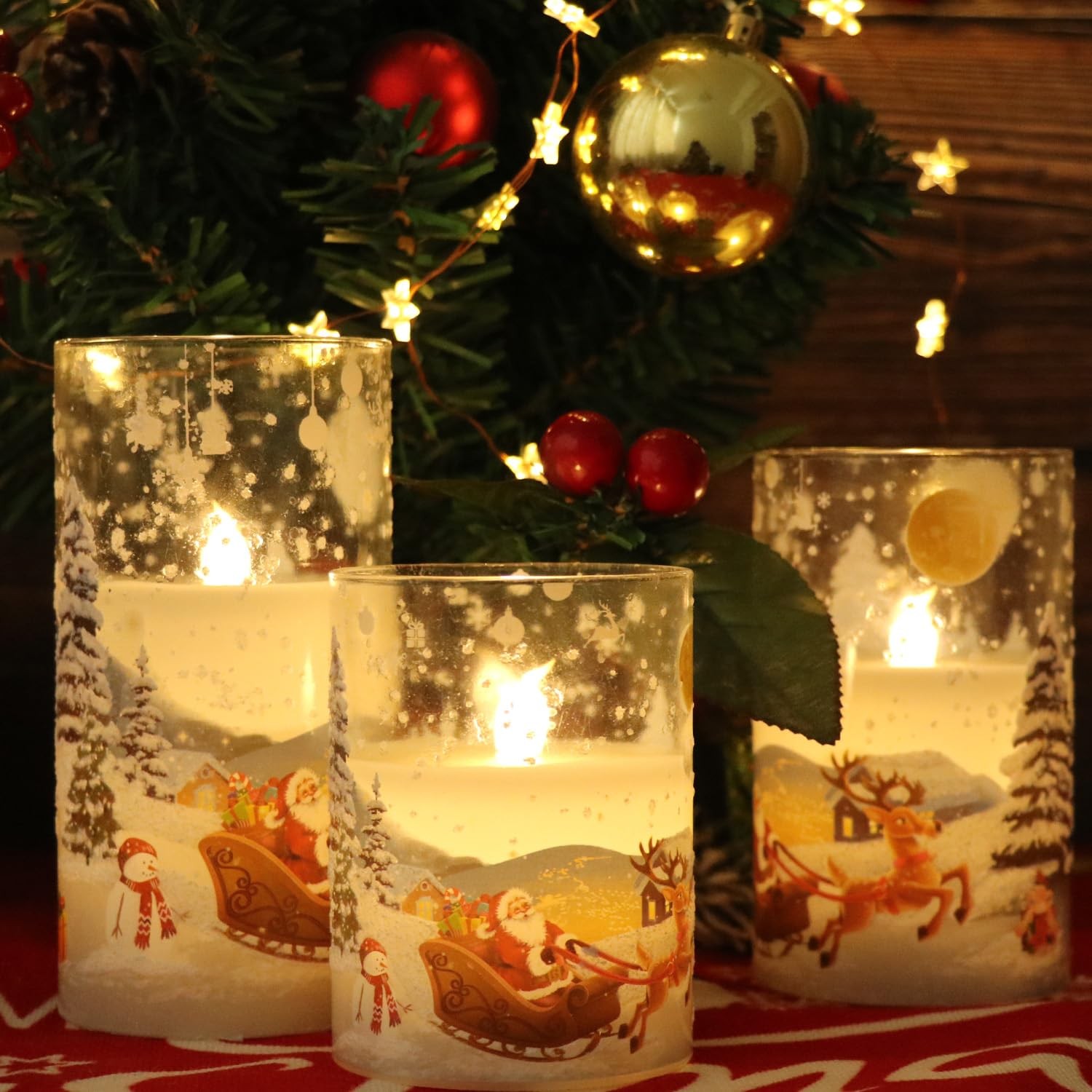 Santa Claus Glass Flameless Candles Remote and Timer, Battery Operated Real W…