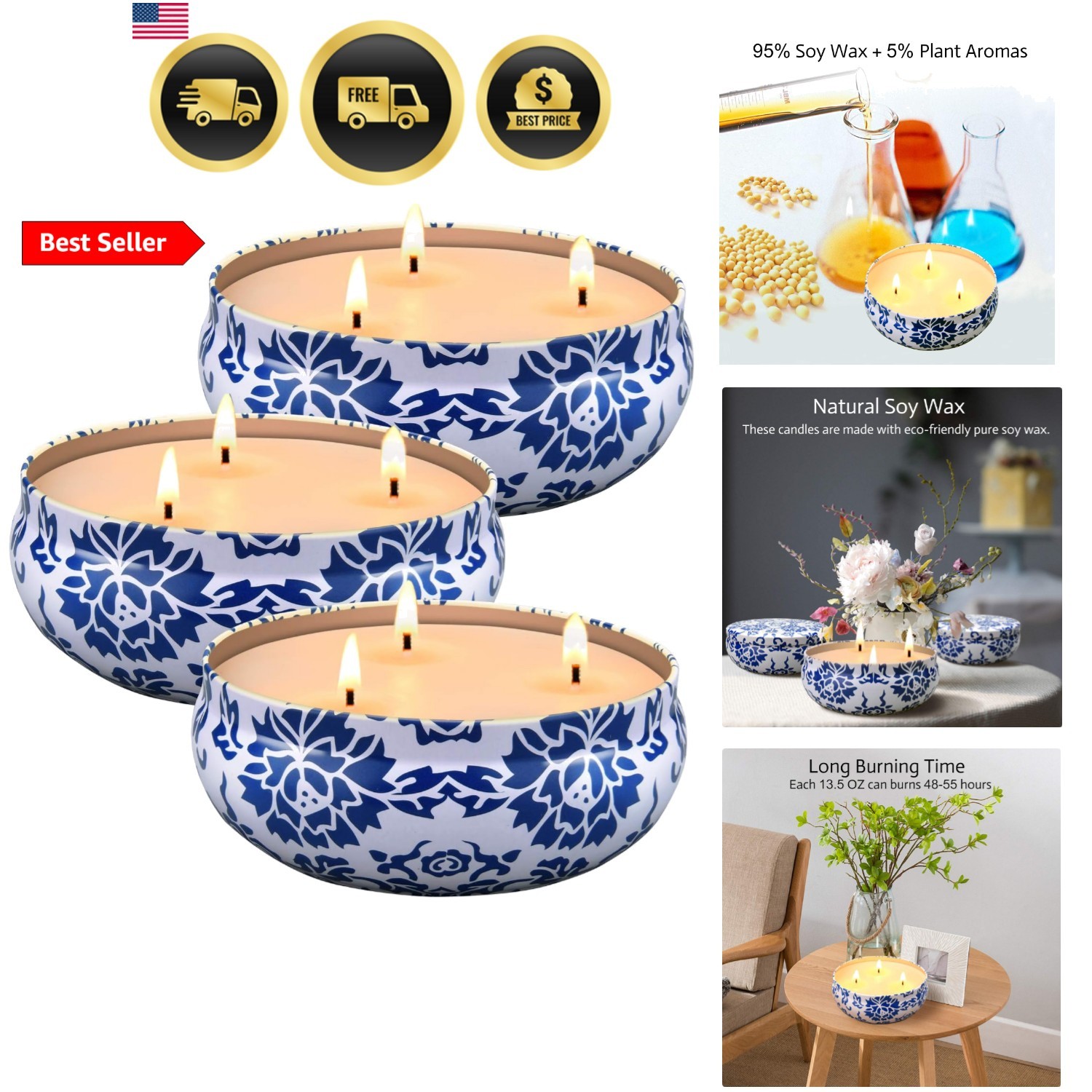 Citronella Candles Outdoor & Indoor – Large 13.5 oz Scented Candles Set 3 Pac…
