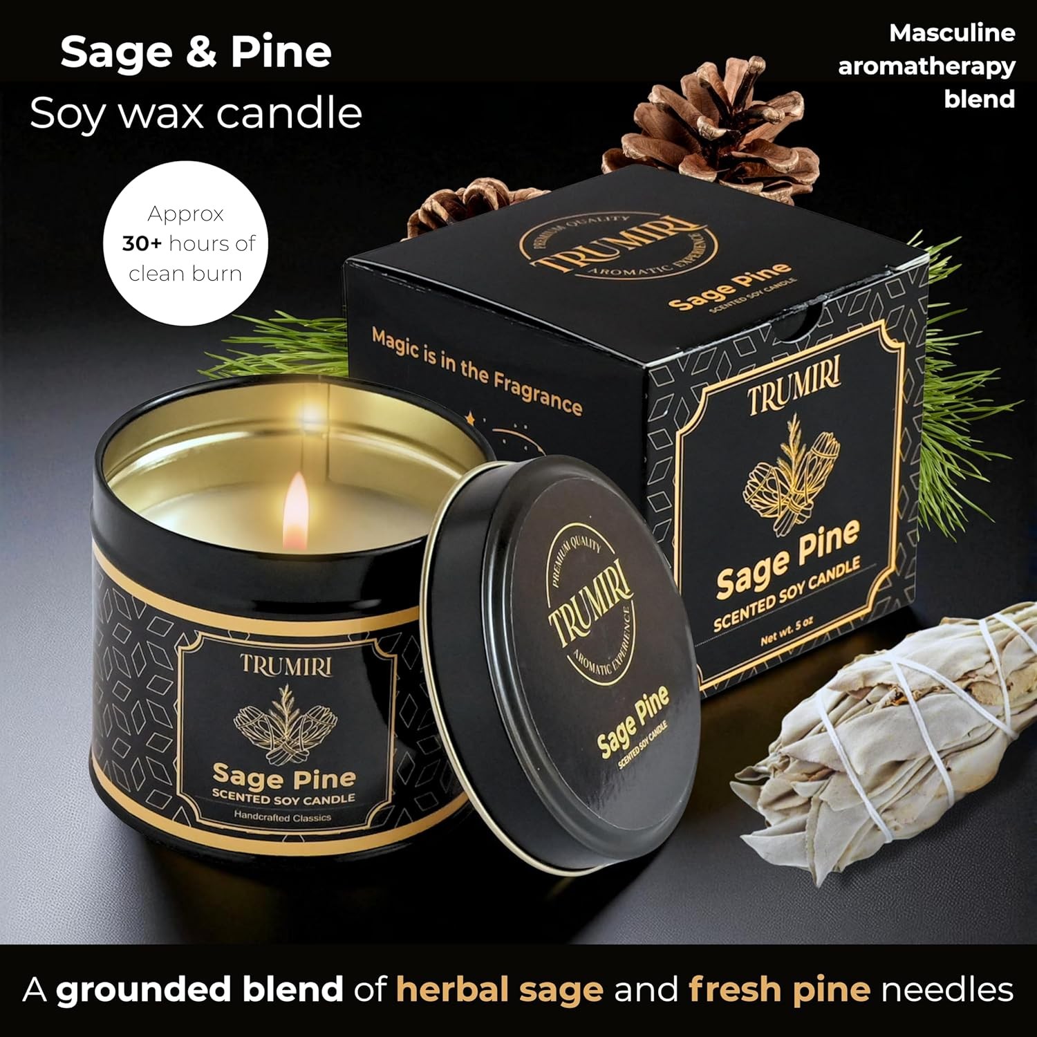 Huge Sale Pine Sage Scented Candle Soy Wax, Perfect Gift for Fall & Holidays