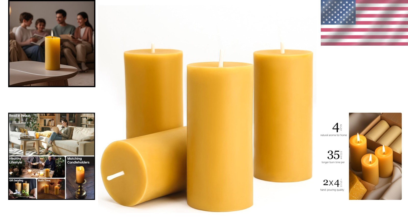 Long-Lasting Organic Beeswax Pillar Candles (4-Pack)
