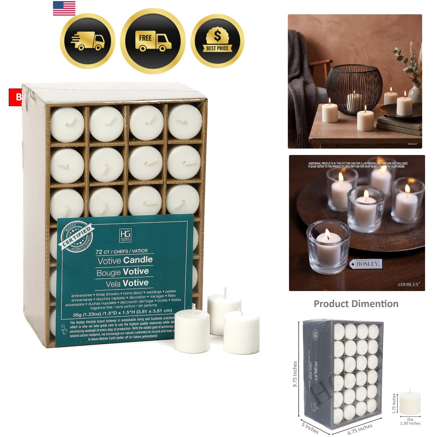 Unscented White Votive Candles, 72-Pack – Clean-Burning, Long-Lasting 10-12 H…