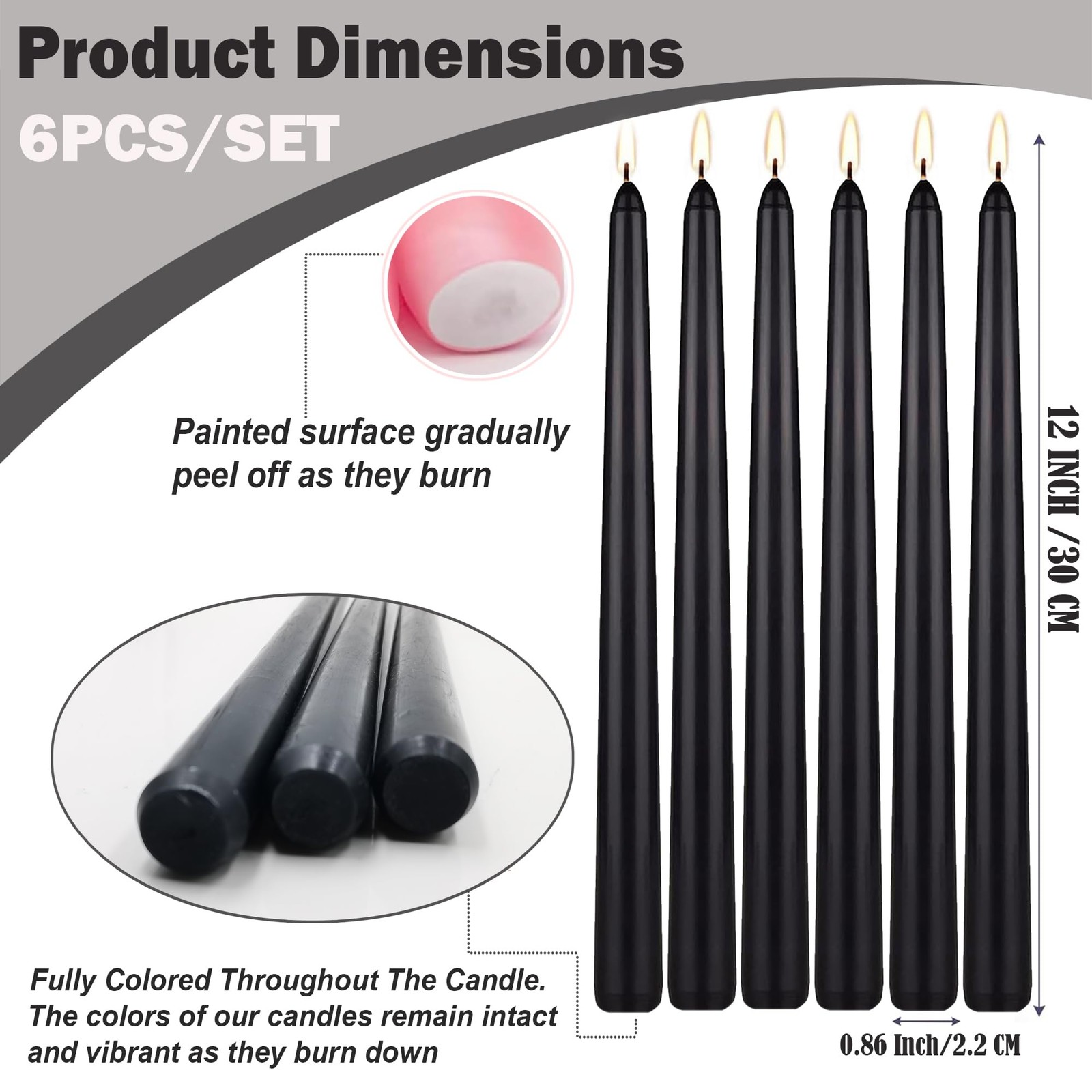 6 Pack Black Taper Candles 12 Inch, Dripless, Smokeless, Long Burning, Halloween