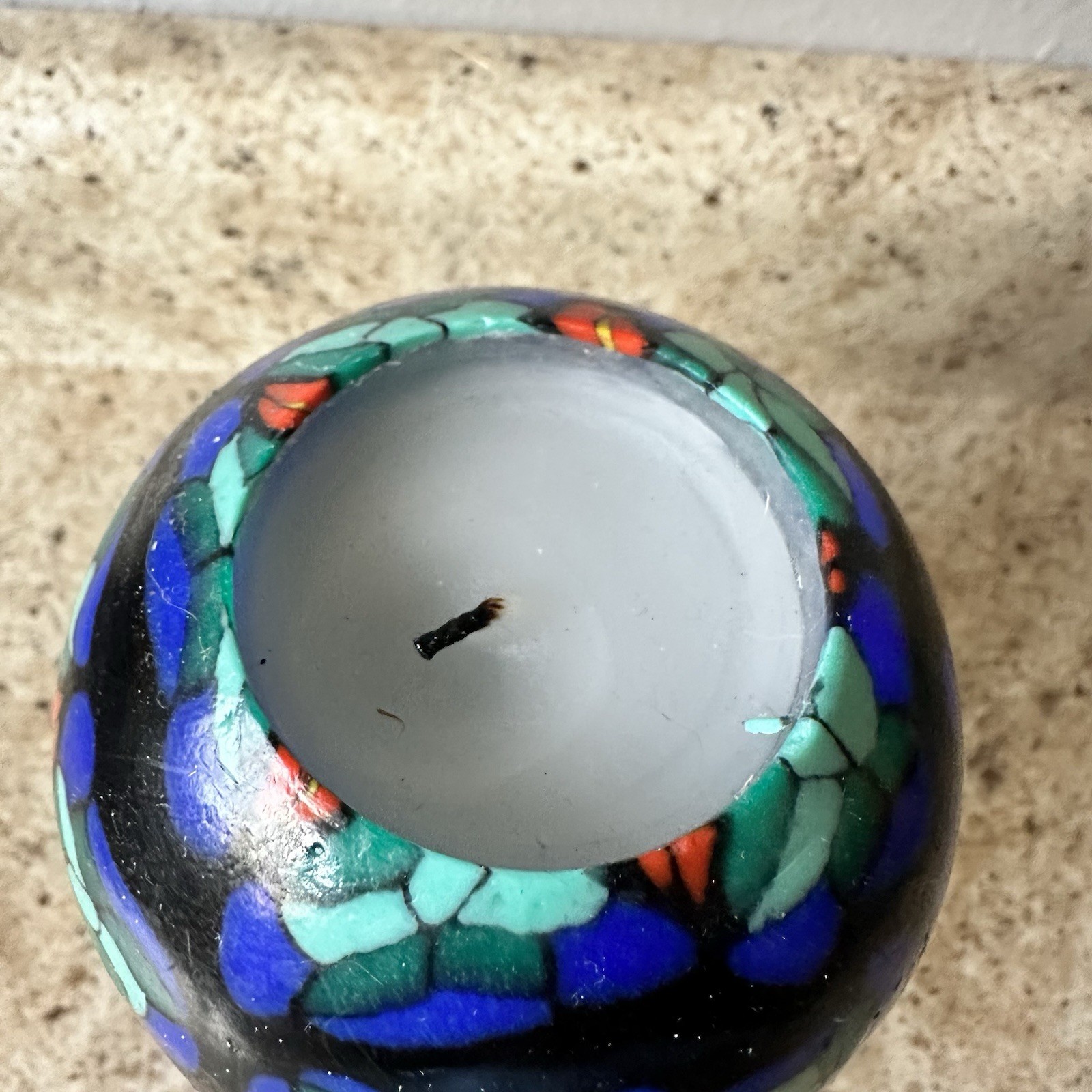 VTG 90s Candle Round Glowing Ball Star Stained Glass Millefiori Mosaic With Box