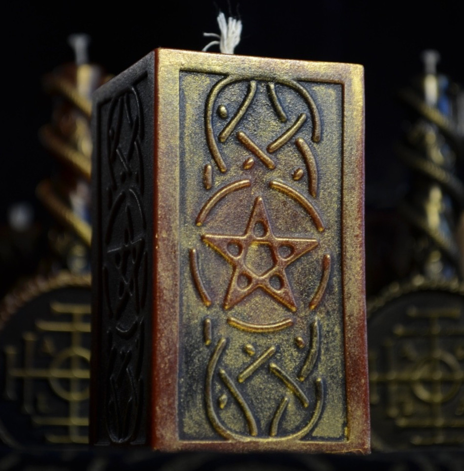 Pentagram Beeswax Pillar Candle Hand Painted Gold Occult Altar Decor Witchy Gift