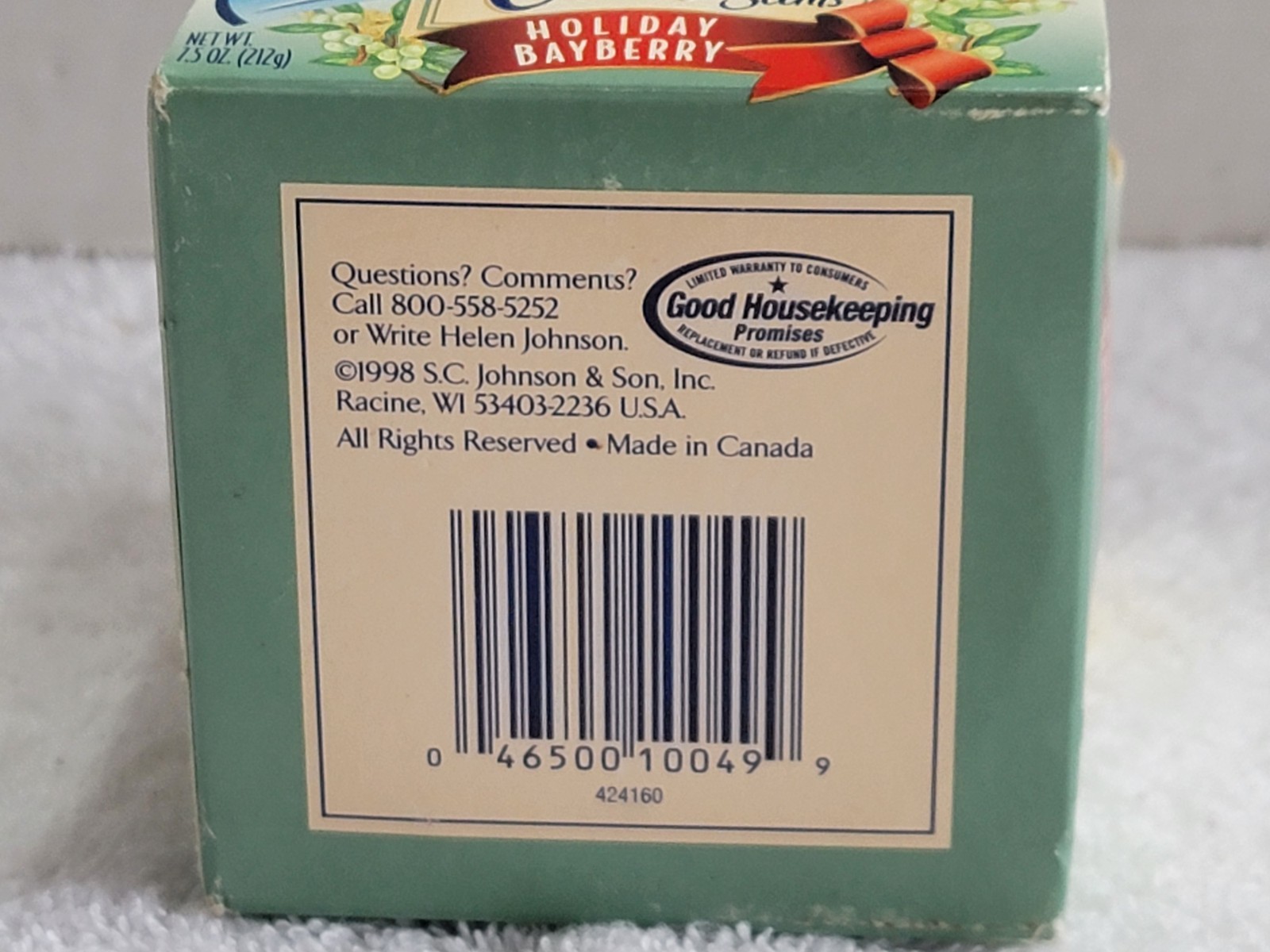 NEW Vintage 1998 GLADE Bayberry Candle One 7.5oz. Lasts 40 Hours Made in Canada