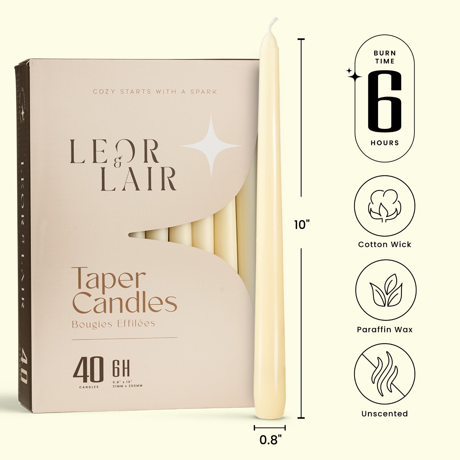 Leor & Lair Bulk Taper Candles – 40 Pack – 10″ Tall Candlesticks, 6+ Hours Burn