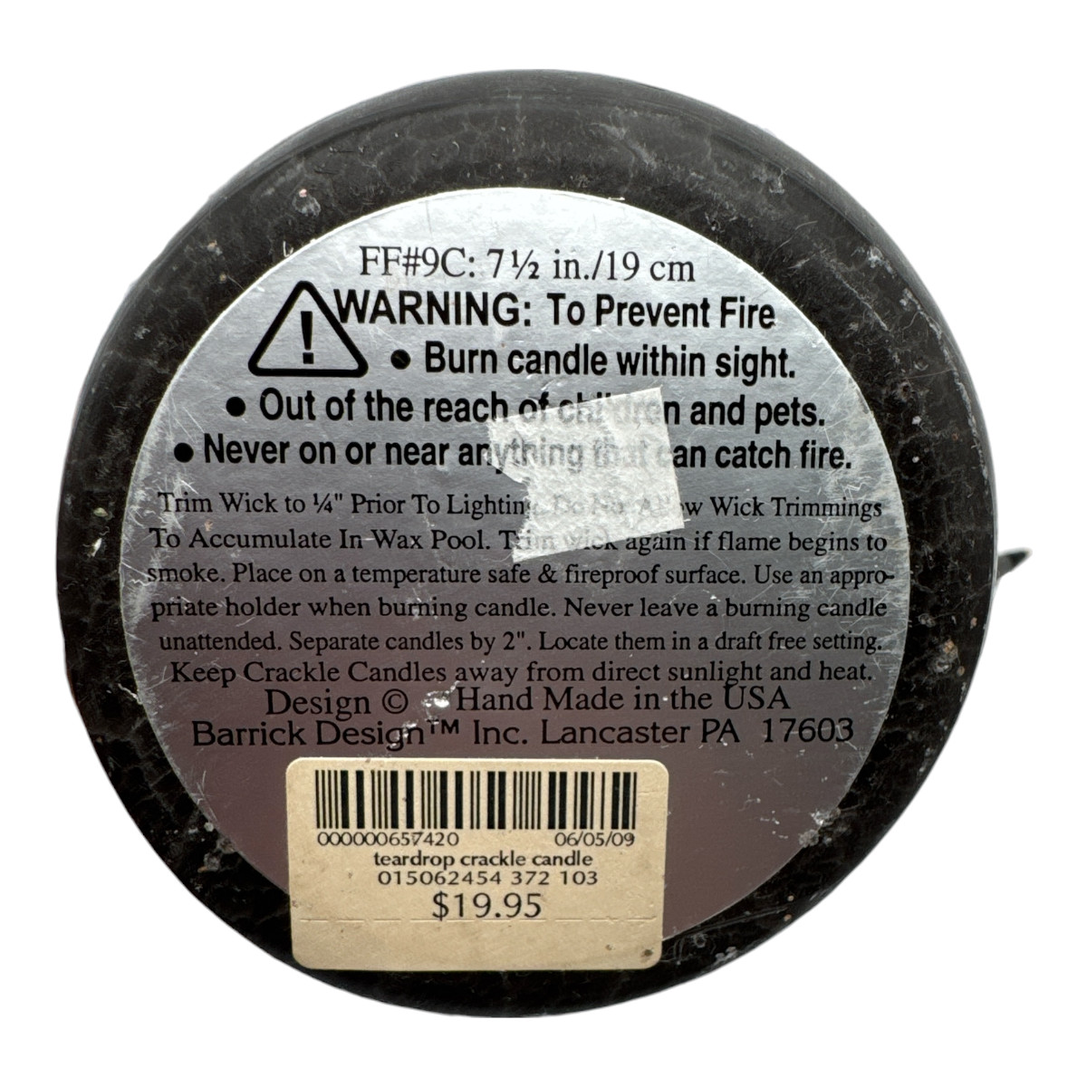Barrick Design Teardrop Crackle 7.5”H Dark Brown Candle New – See Photos