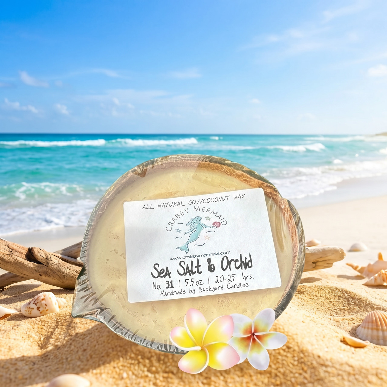 Crabby Mermaid by Backyard Candles Sea Salt & Orchid Shell Candle 5.5oz