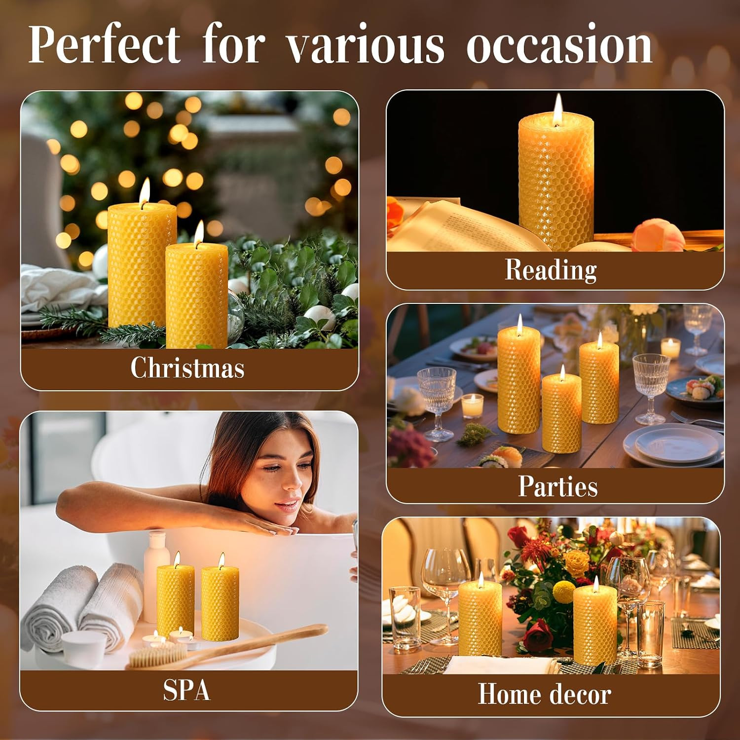 Beeswax Pillar Candles,Hand Rolled Honeycomb Design, 3 Sizes | Pure Natural