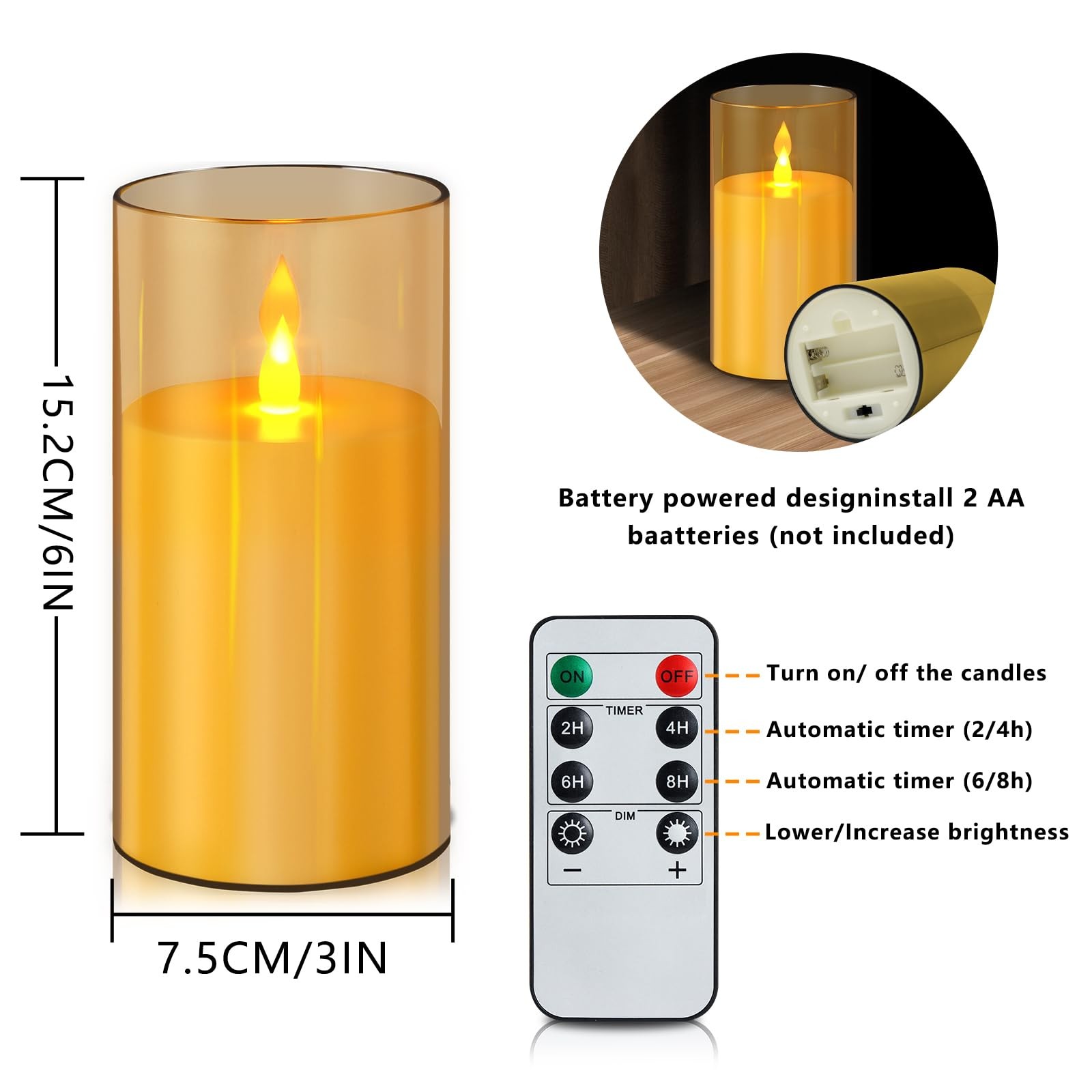 Amber Flameless Candles with Remote and Timer, 2 Pcs(D3 xH6) Flickering Batte…