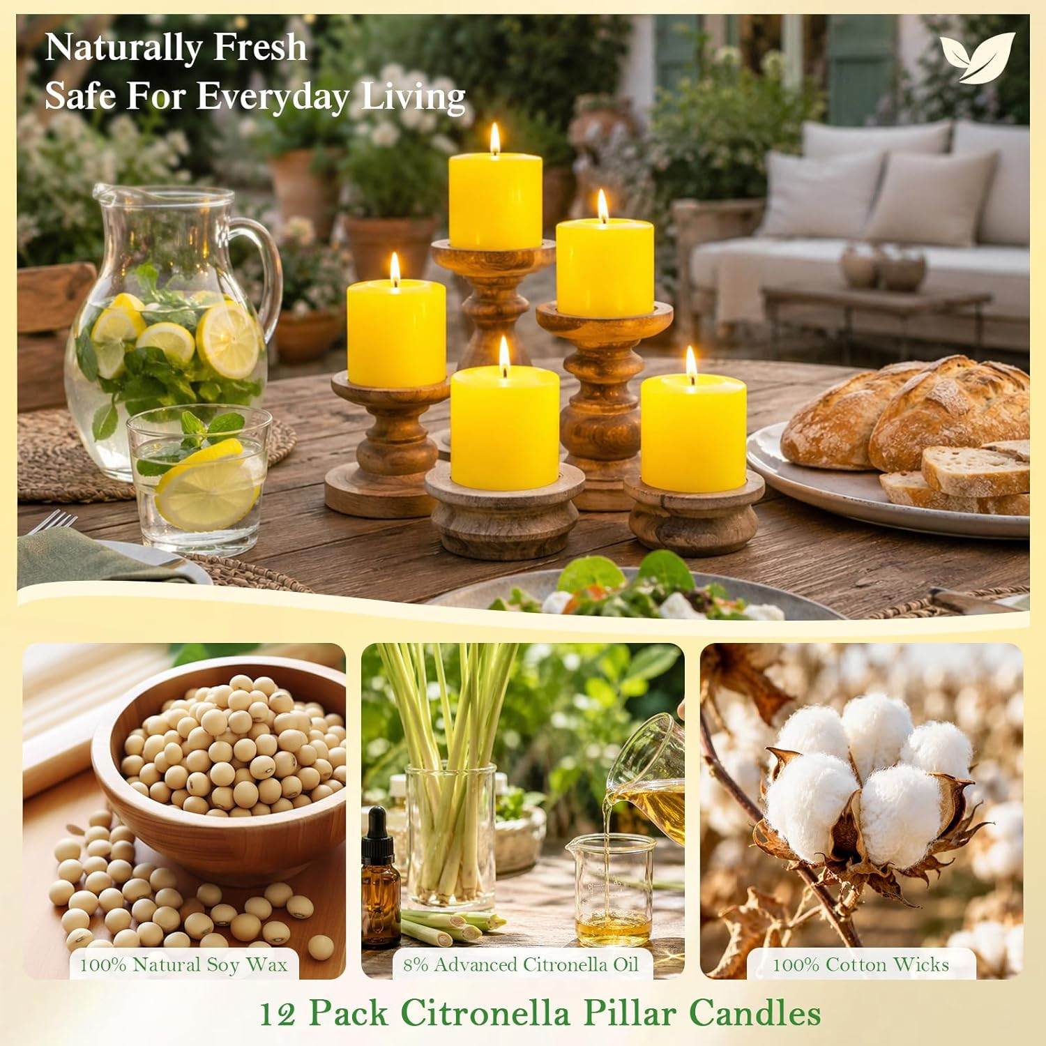 Citronella Pillar Candles for Outdoor Use, 12-Pack | Made with Natural Soy Wax a