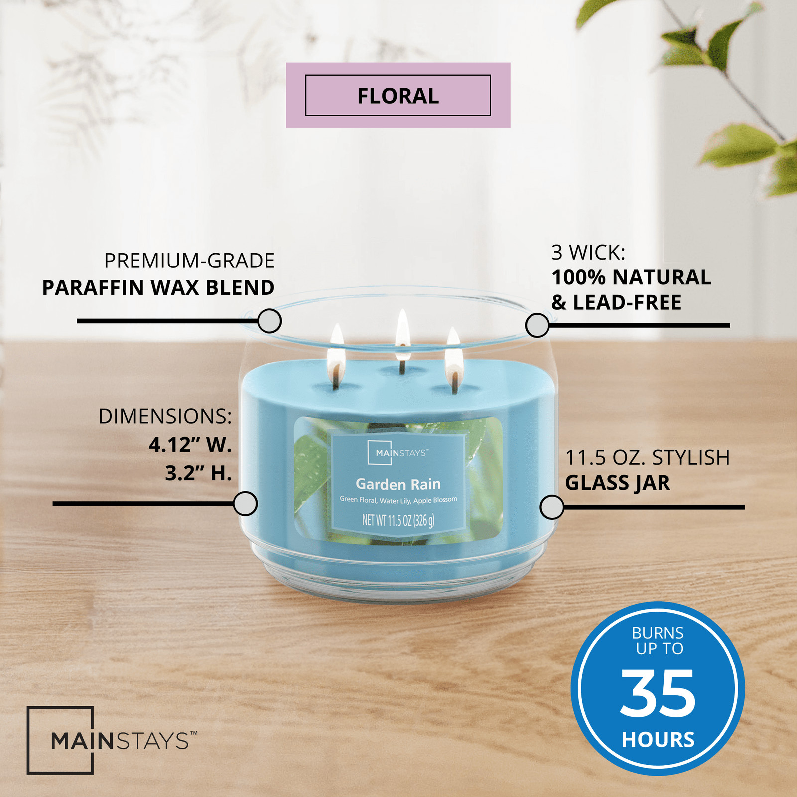 2-Pack Garden Rain Scented 3-Wick Glass Jar Candle, 11.5oz / 326g