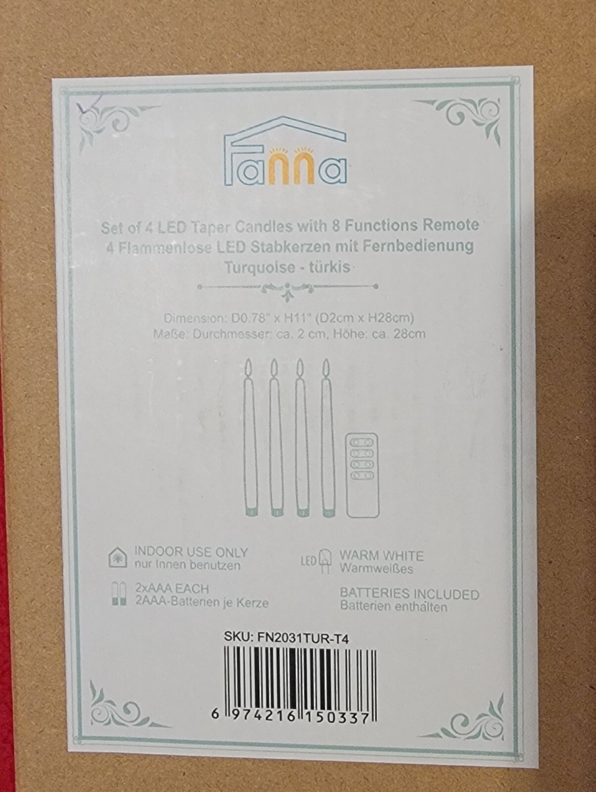 4 Pack Flameless Fanna LED Turquoise Taper Candles Timer Remote Battery Operated