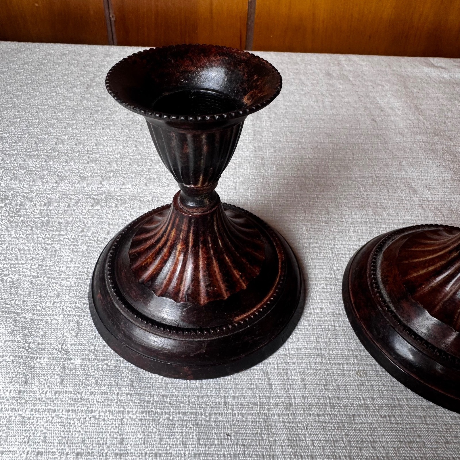 Vintage Hosley Solid Brass Candlestick Holders Pair Fluted Dark Patina India